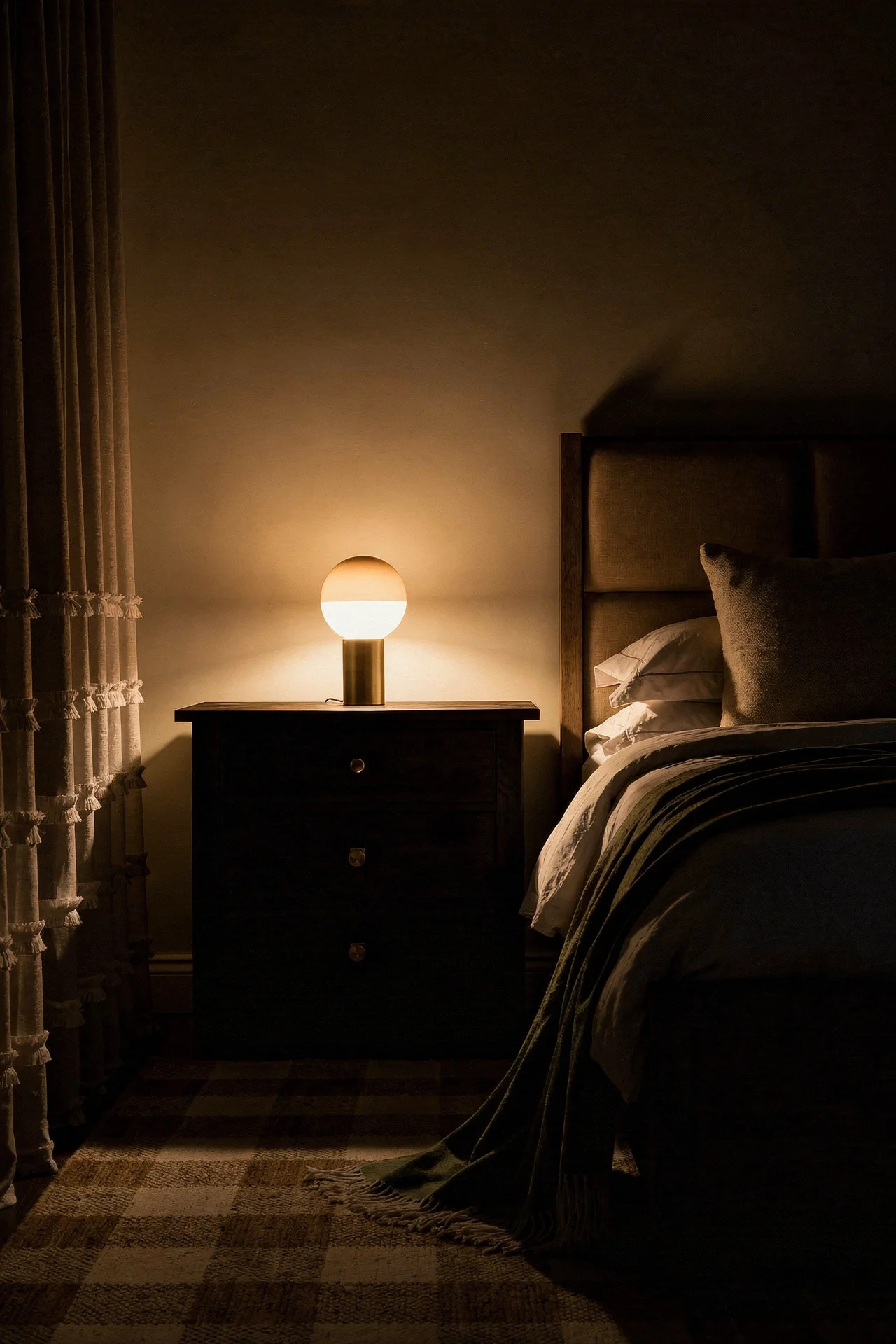 French Country Bedrooms featuring tan upholstered bed with driftwood nightstand and sage green throw evening mood
