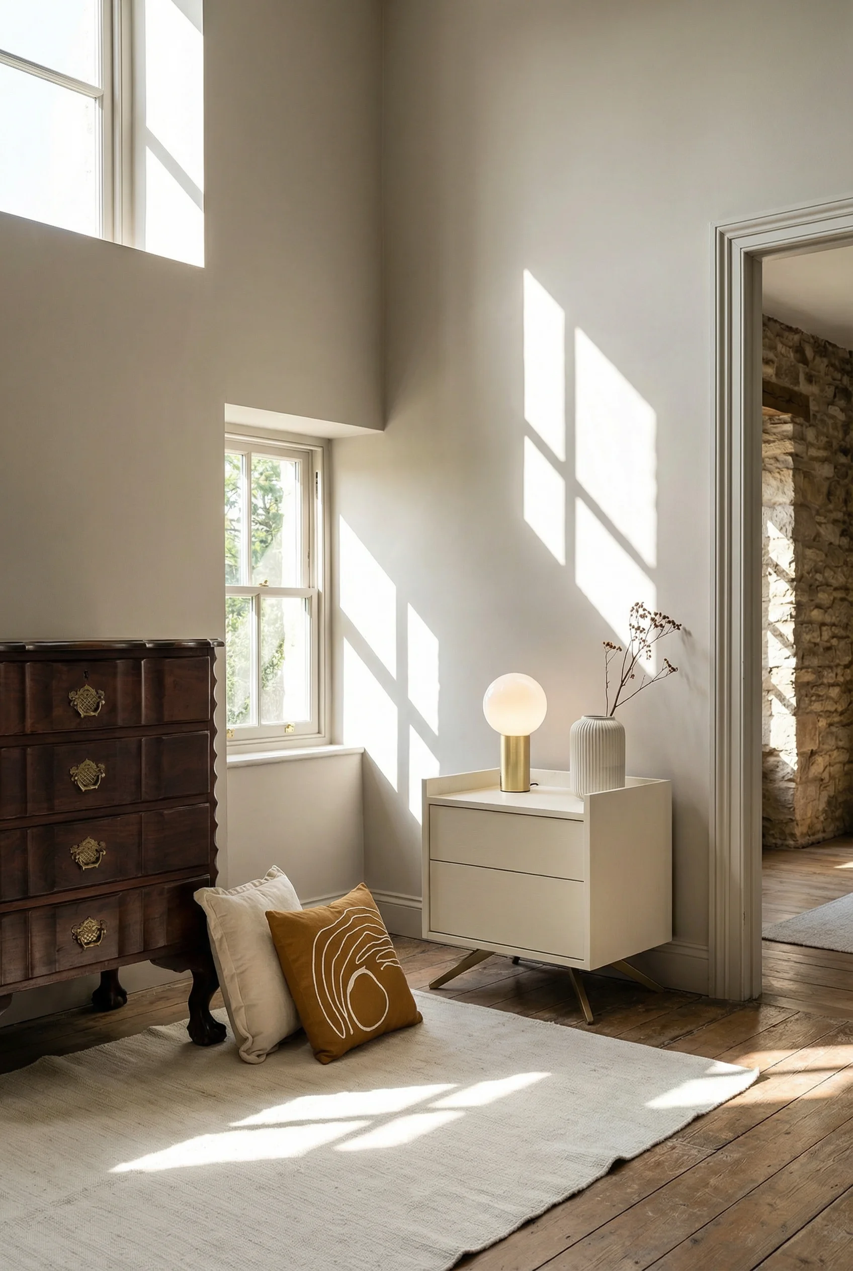 French Country Bedrooms featuring dark Georgian chest beside ivory modern nightstand with aged gold pillow