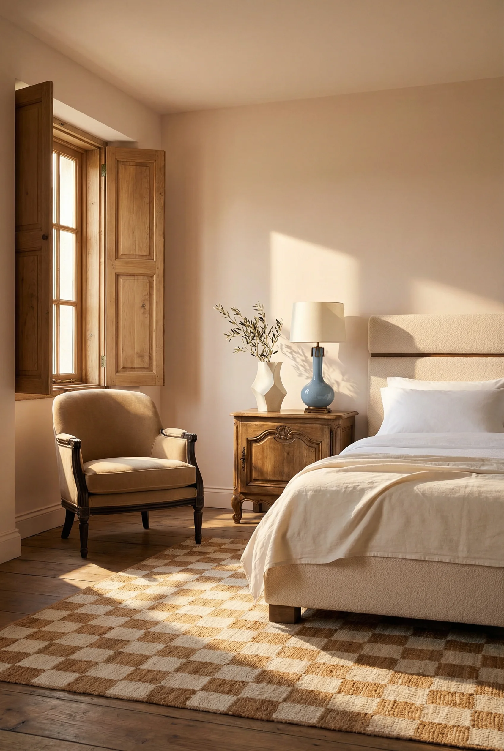 French Country Bedrooms featuring ivory upholstered panel bed with tan bergere armchair and blue ceramic lamp
