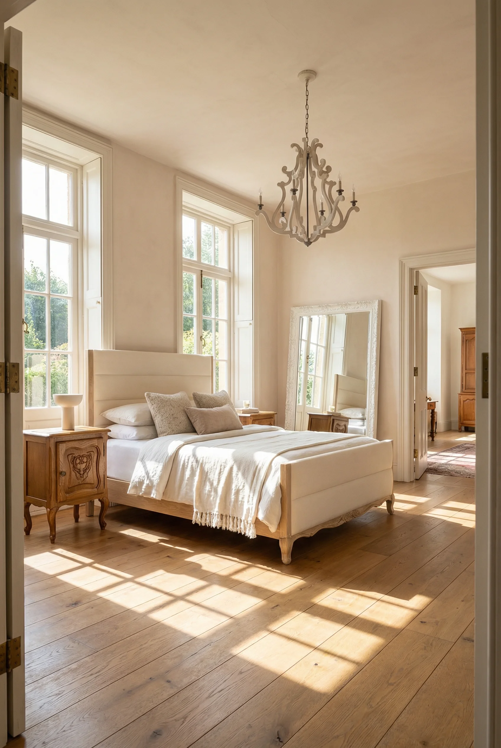 French Country Bedrooms featuring ivory upholstered bed with carved oak frame and six arm chandelier