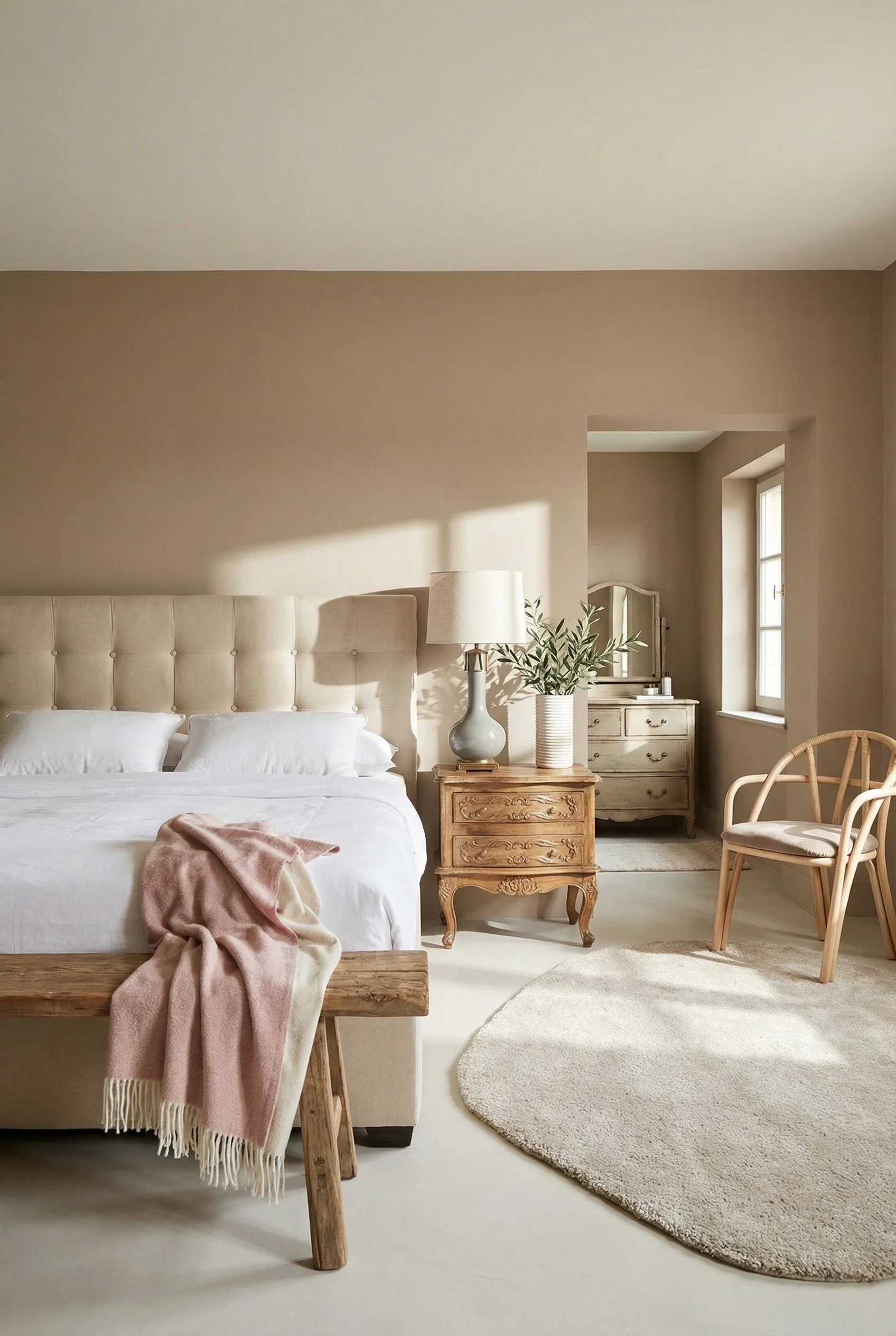 French Country Bedrooms featuring ivory extended fabric panel bed with rattan armchair and pink cotton throw