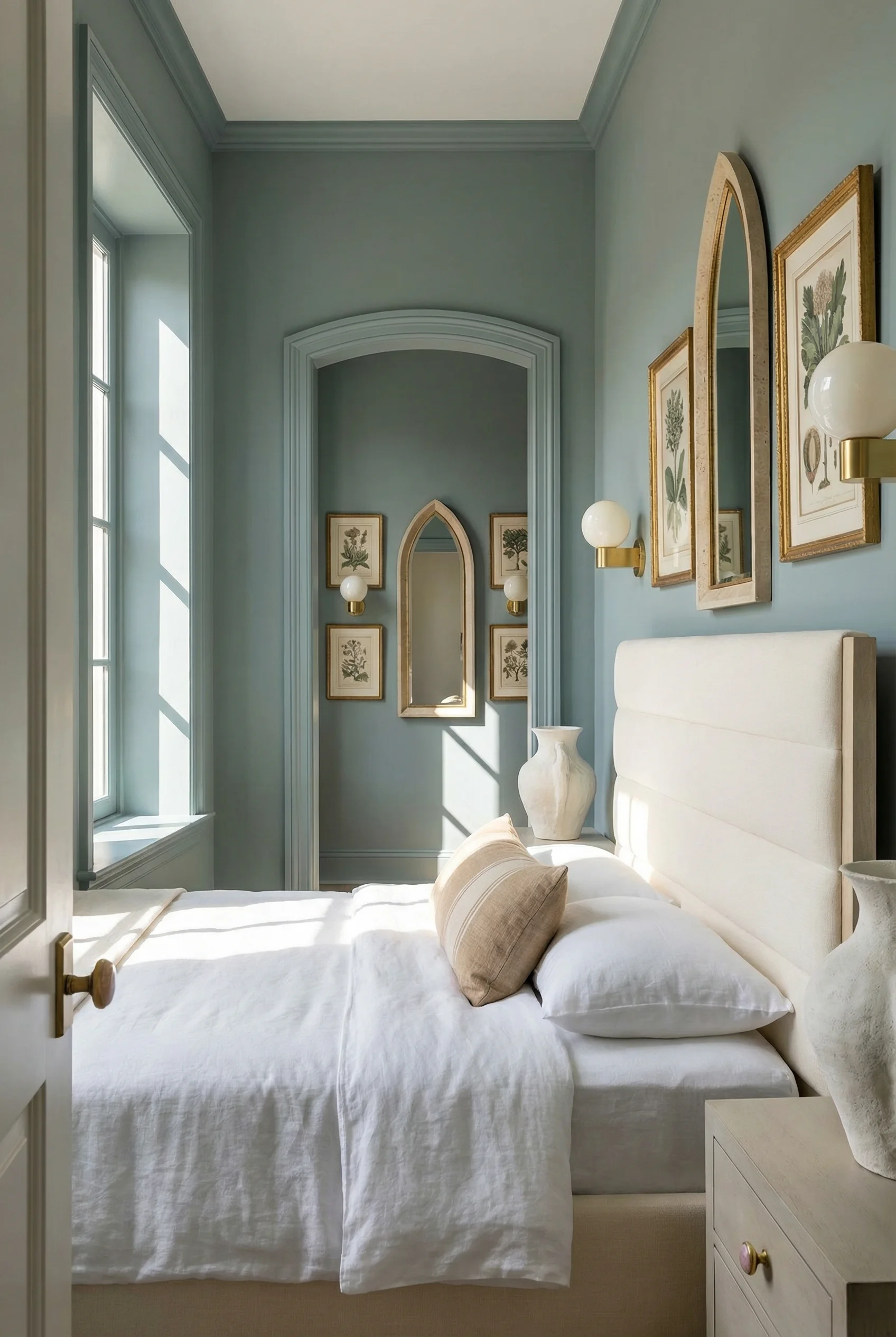 French Country Bedrooms featuring ivory upholstered bed with lancet mirror and botanical wall arrangement