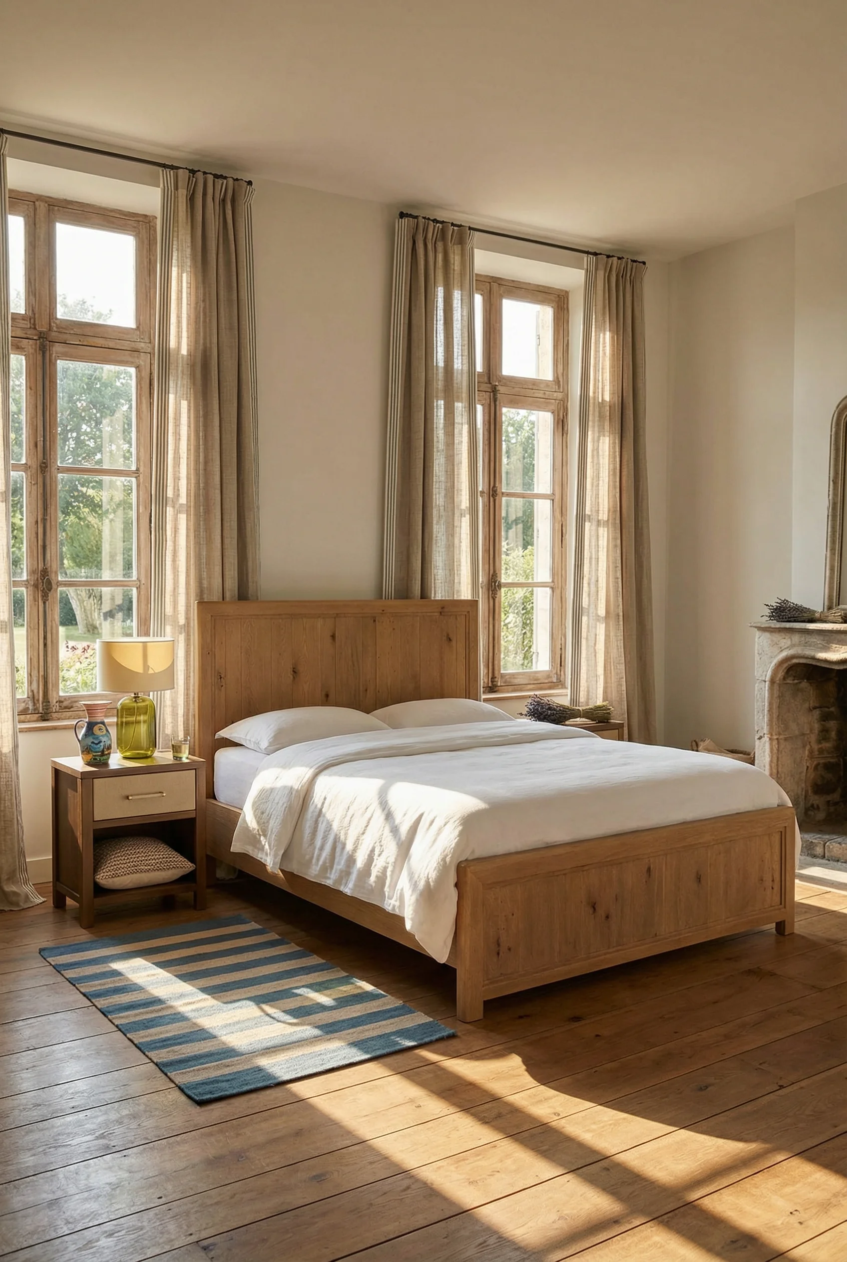 French Country Bedrooms featuring driftwood panel bed with natural linen curtains pooling on floor