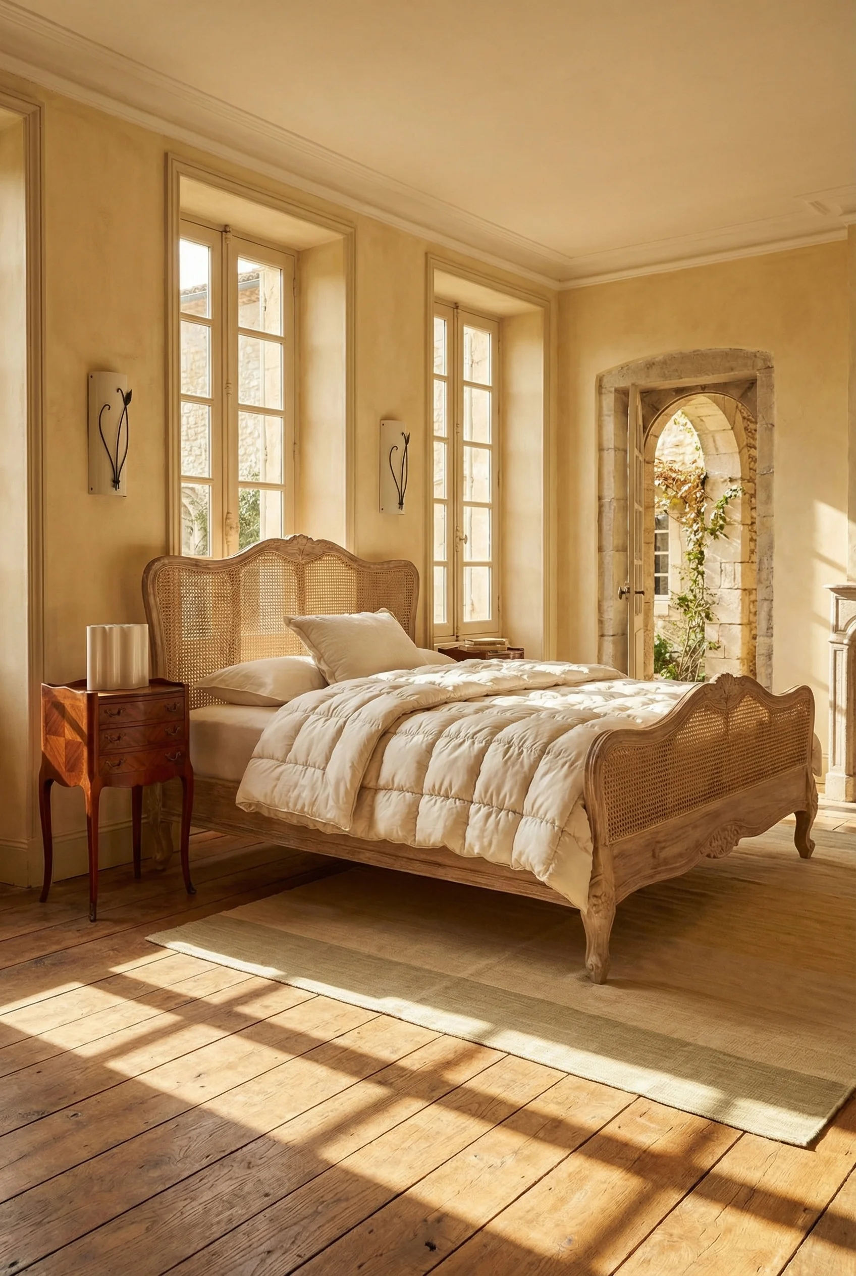 French Country Bedrooms featuring weathered mahogany carved bed with ivory silk comforter and wall sconces