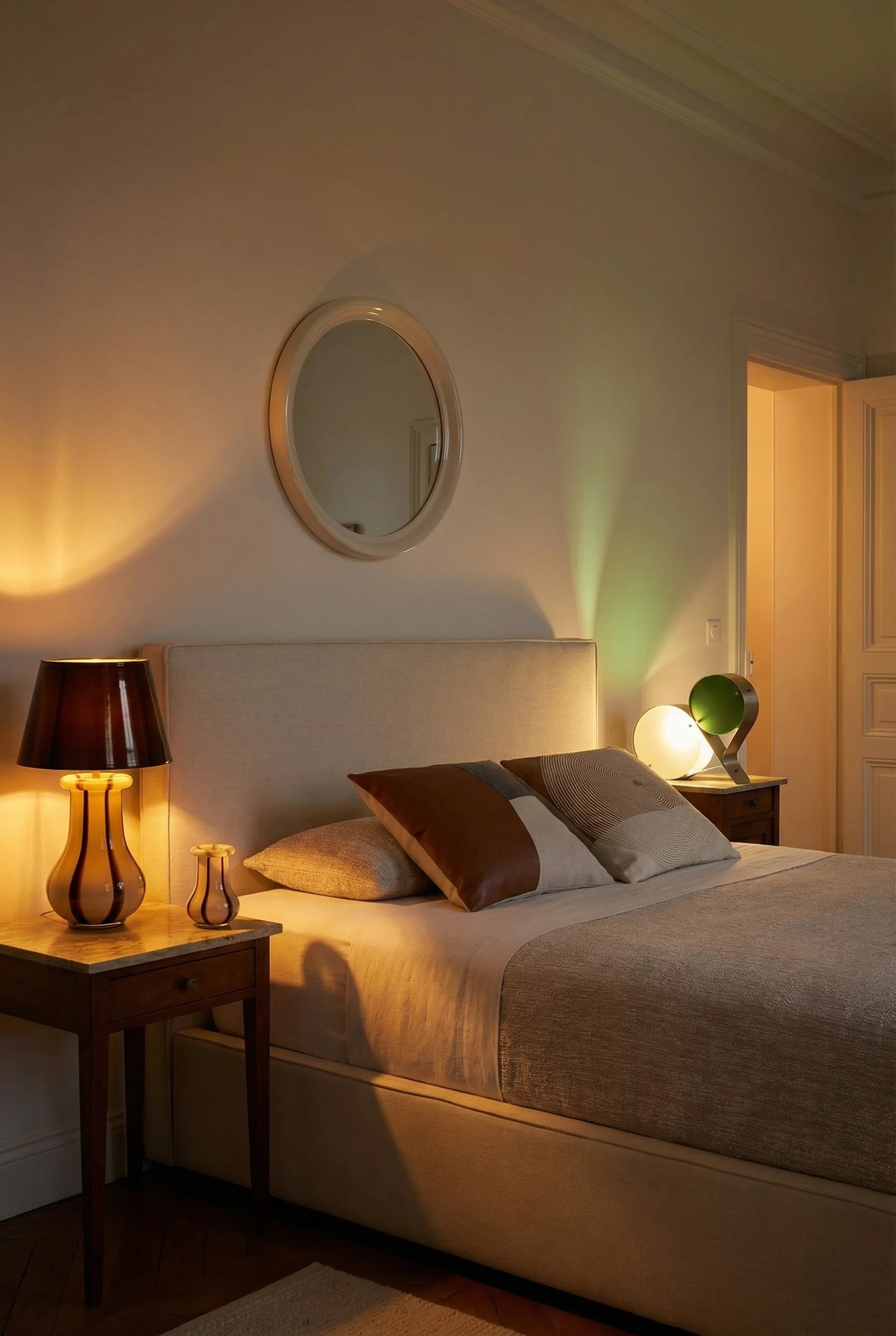 French Country Bedrooms featuring mismatched amber and green glass lamps with ivory linen bed