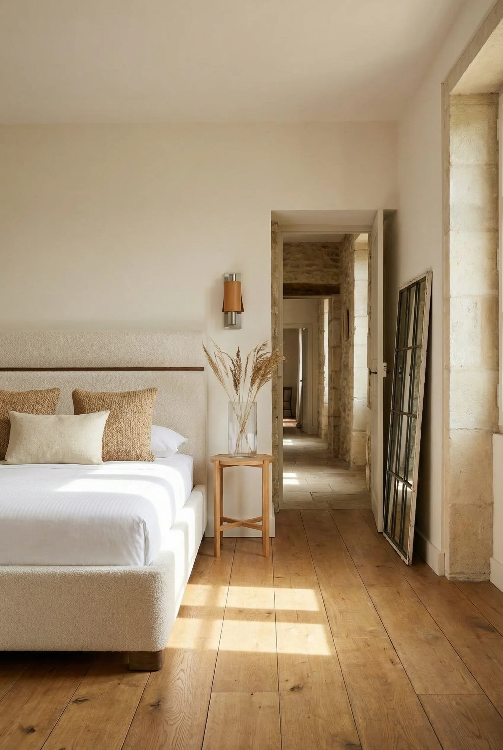 French Country Bedrooms featuring ivory upholstered panel bed with reclaimed wide plank oak floors and iron mirror