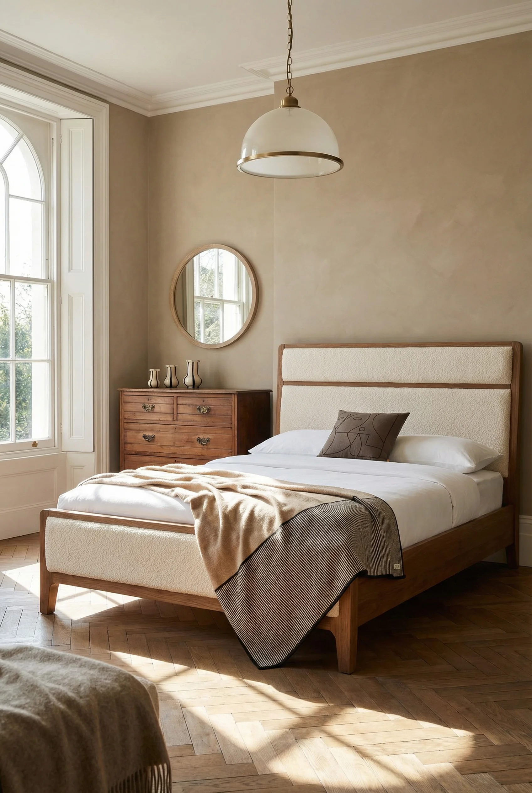 French Country Bedrooms featuring ivory panel bed with ribbed wool throw and brass pendant light