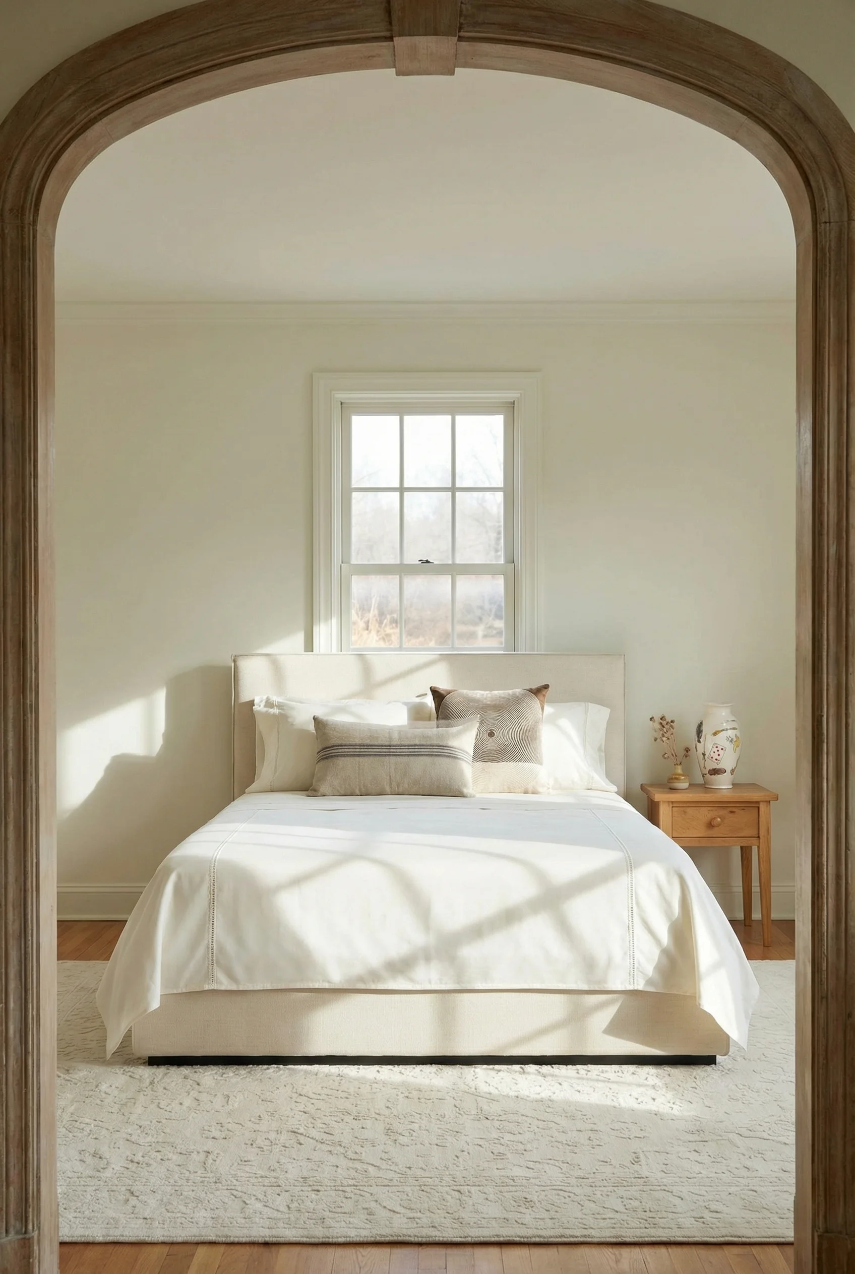 French Country Bedrooms featuring ivory upholstered bed with sateen sheets and grain sack pillow