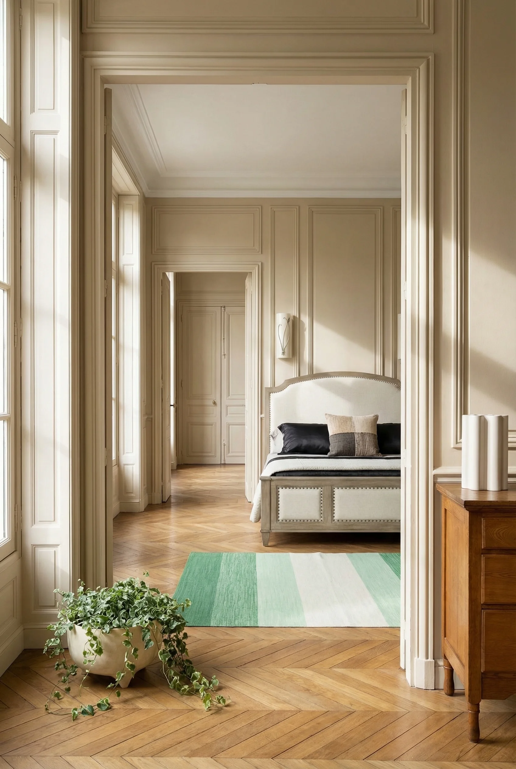 French Country Bedrooms featuring ivory sleigh bed framed by boiserie wall paneling with herringbone parquet floors