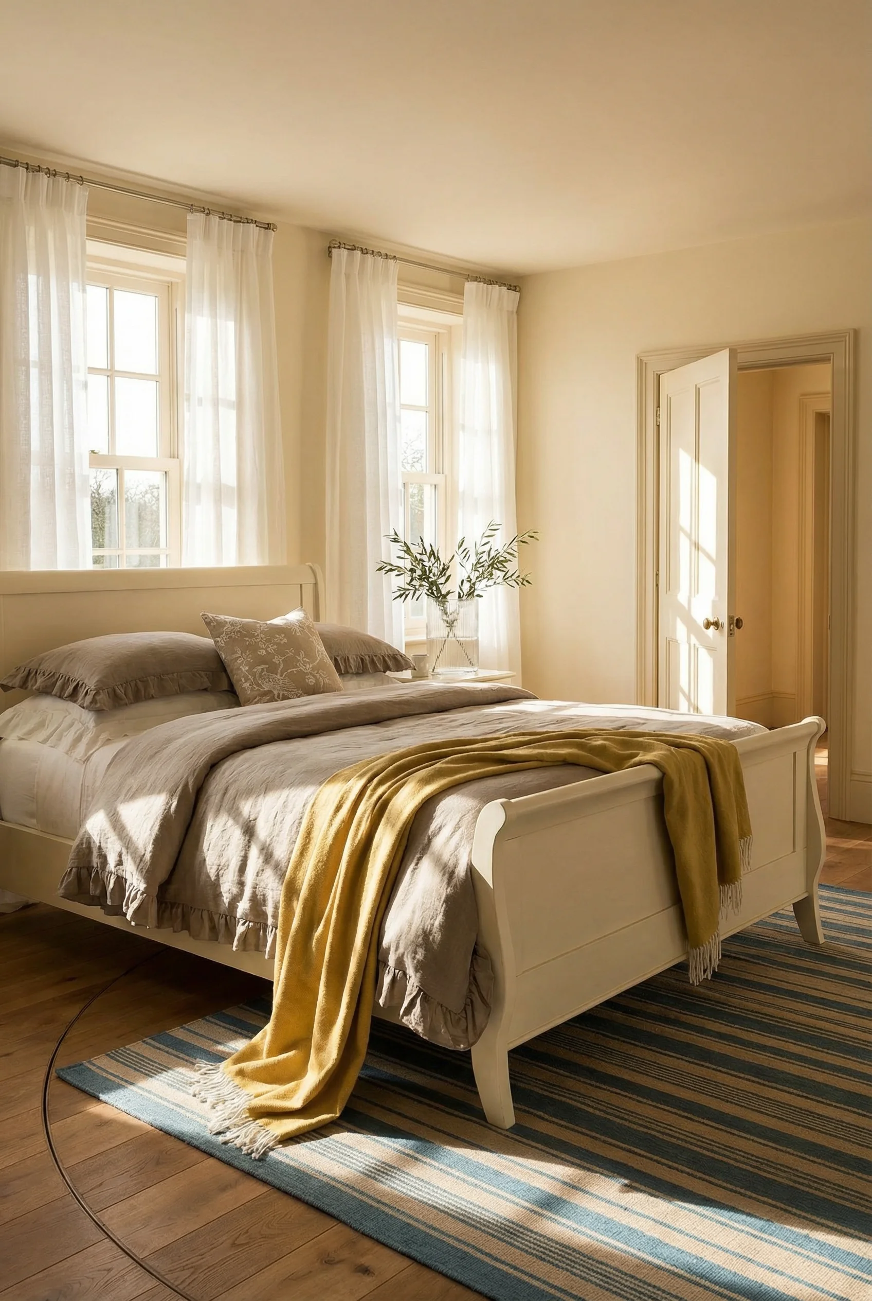 French Country Bedrooms featuring ivory sleigh bed with toile pillow and mustard throw