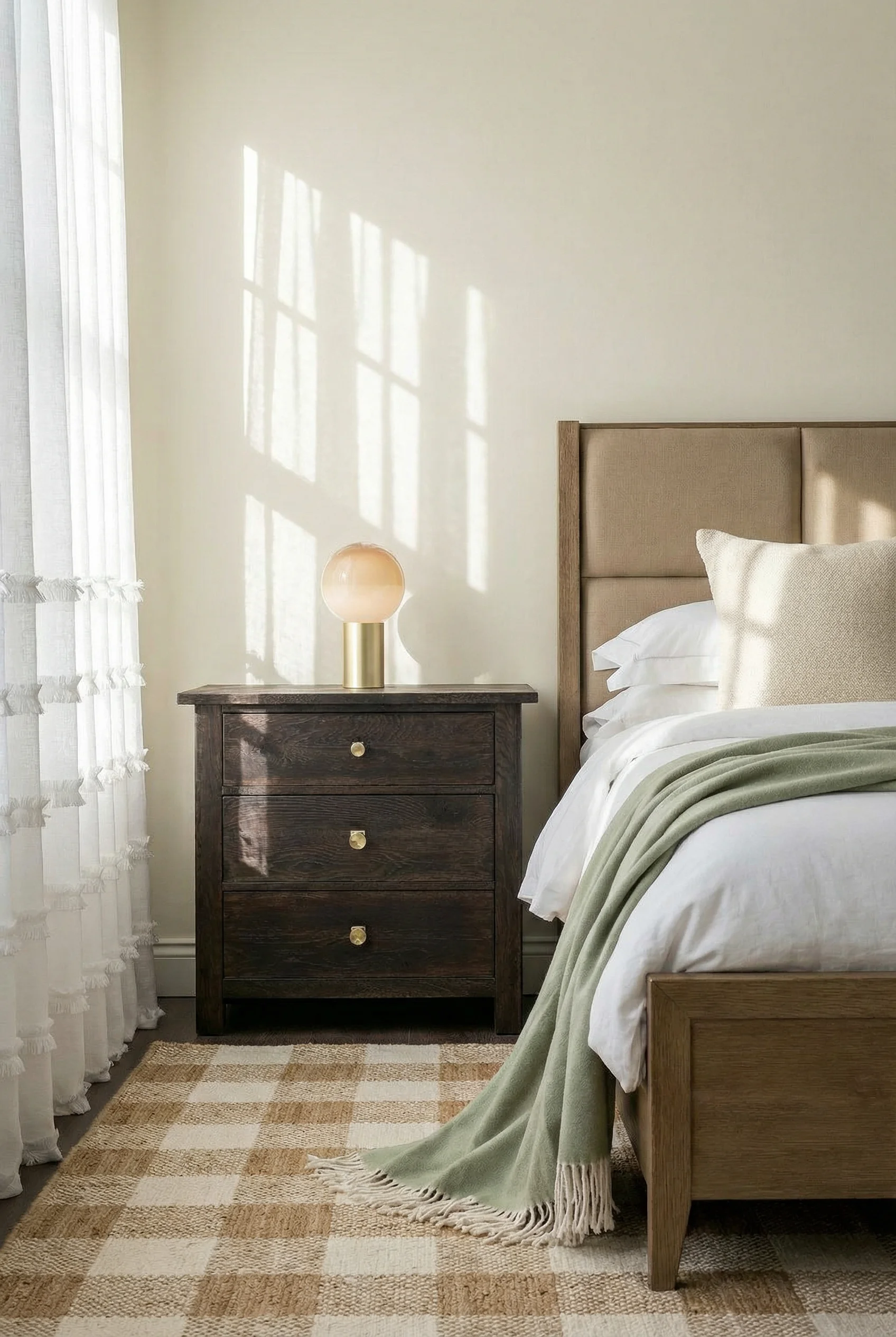 French Country Bedrooms featuring tan upholstered bed with driftwood nightstand and sage green throw