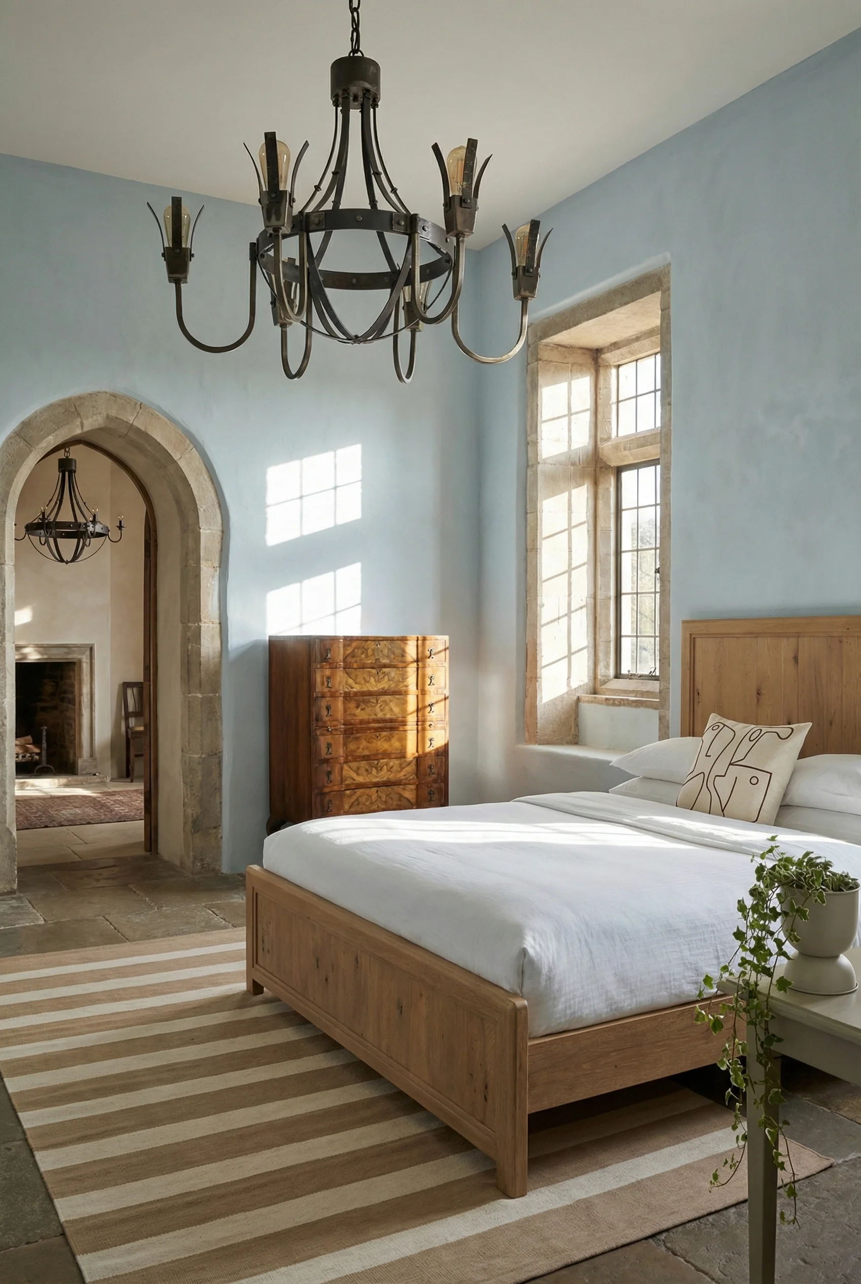 French Country Bedrooms featuring wrought iron chandelier with driftwood bed and pale blue walls