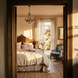 French Country Bedrooms design featuring carved headboard, ornate chandelier, and layered linen textiles through doorway