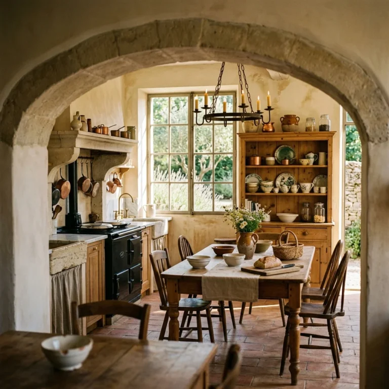 French Country Kitchens design featuring warm Provencal elegance with wrought iron and honed stone