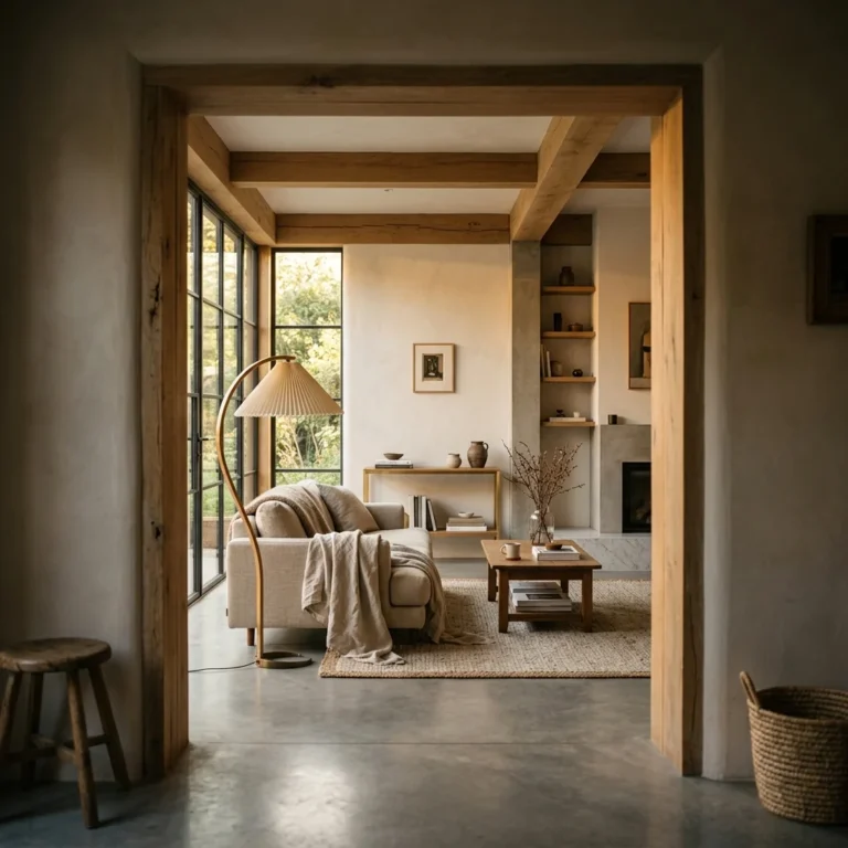 Modern living room design featuring quiet sophistication with organic warmth