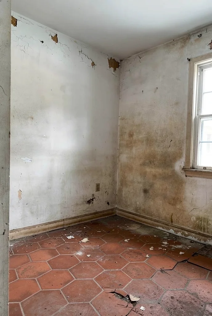 Mid Century Modern Bathroom featuring brass-framed beveled rectangular vanity mirror with abstract 5-globe mid-century brass wall  empty room
