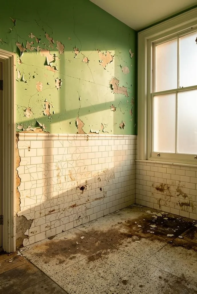 Mid Century Modern Bathroom featuring walnut vanity console with inlaid doors and tapered MCM legs with XXL illuminated brass mid century wall m empty room