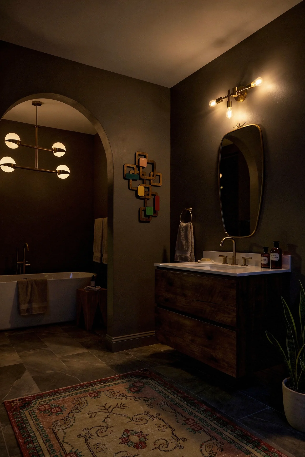 Mid Century Modern Bathroom featuring 3-light brass vanity fixture with frosted glass globes with budget 3-light matte brass bathroom vani evening mood