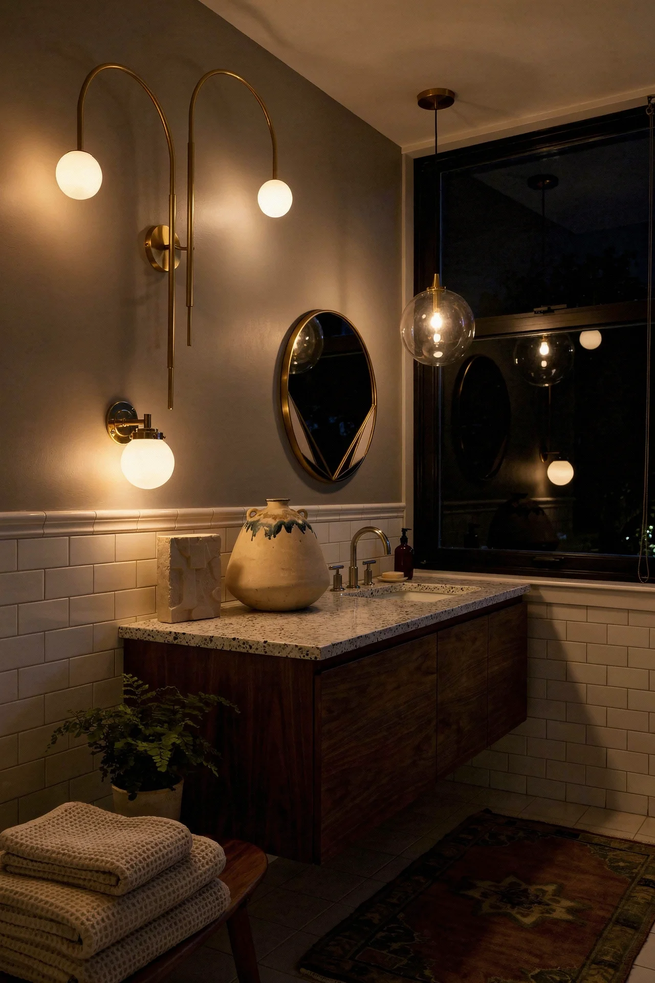 Mid Century Modern Bathroom featuring pair of brass double swing-arm adjustable globe wall sconces with glass globe pendant light in gold evening mood