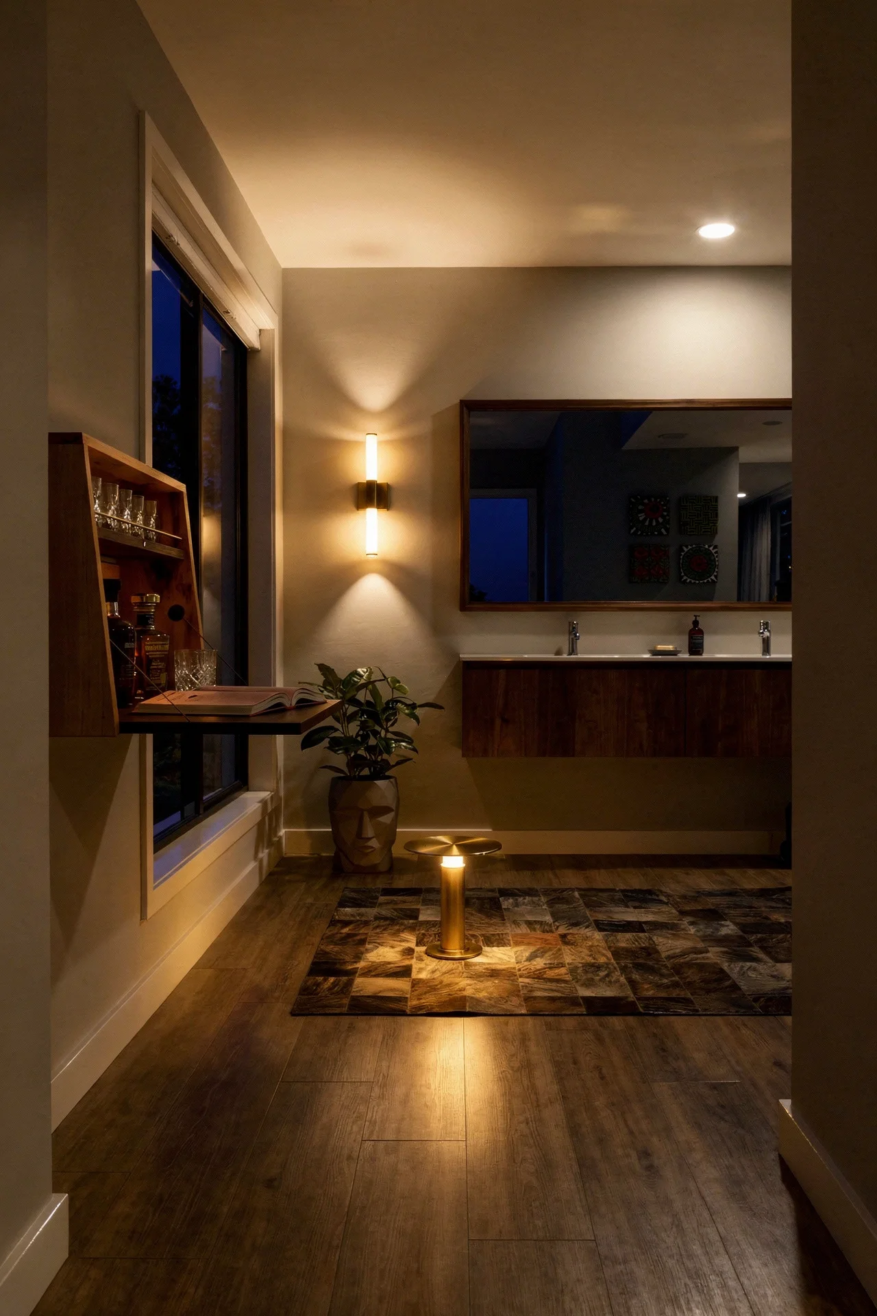 Mid Century Modern Bathroom featuring vintage brass Apollo LED wall sconce with horizontal grey walnut moment wall mirro evening mood