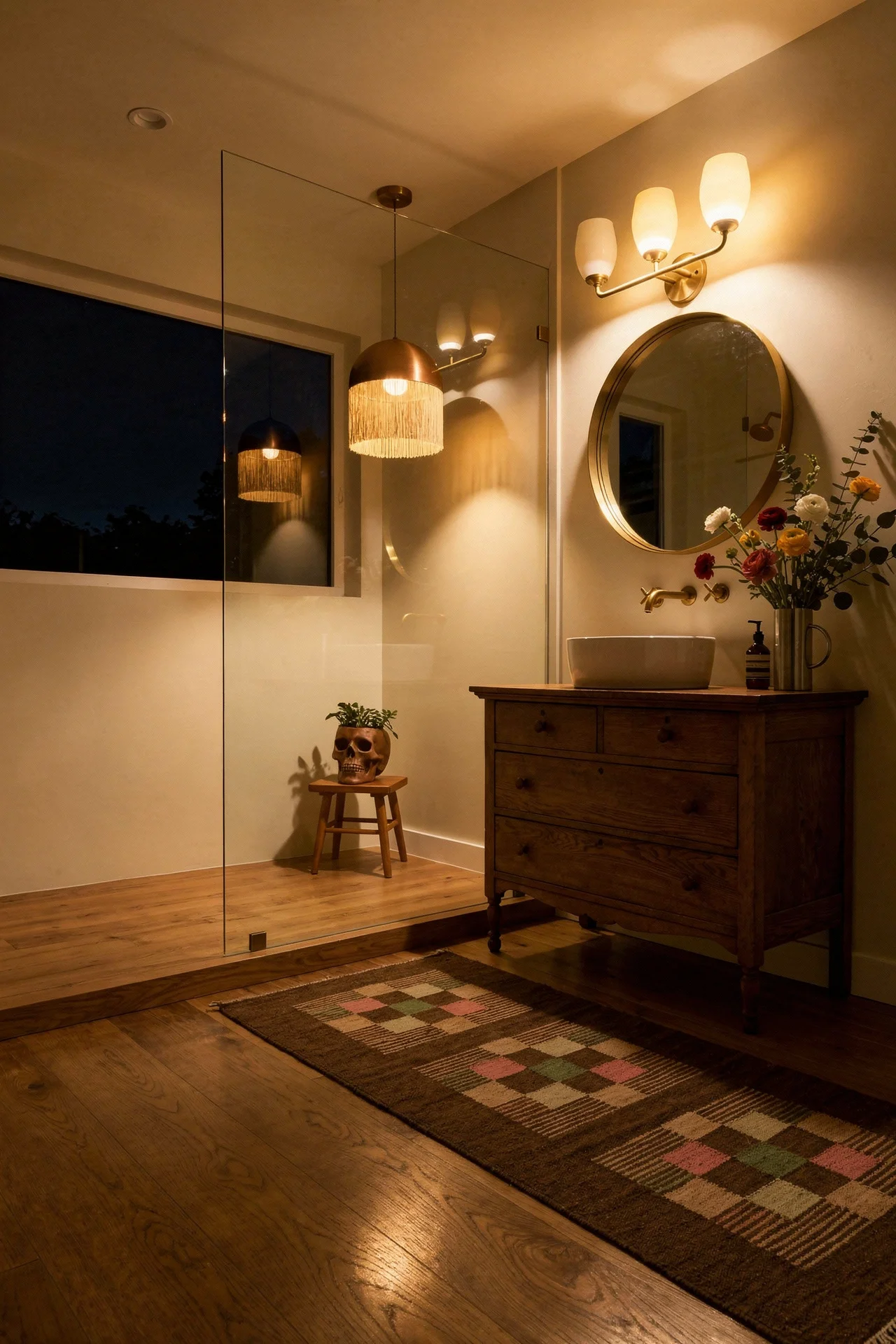 Mid Century Modern Bathroom featuring 3-light candelabra brass mid century vanity sconce with polished brass Nimbus round wall mirror evening mood