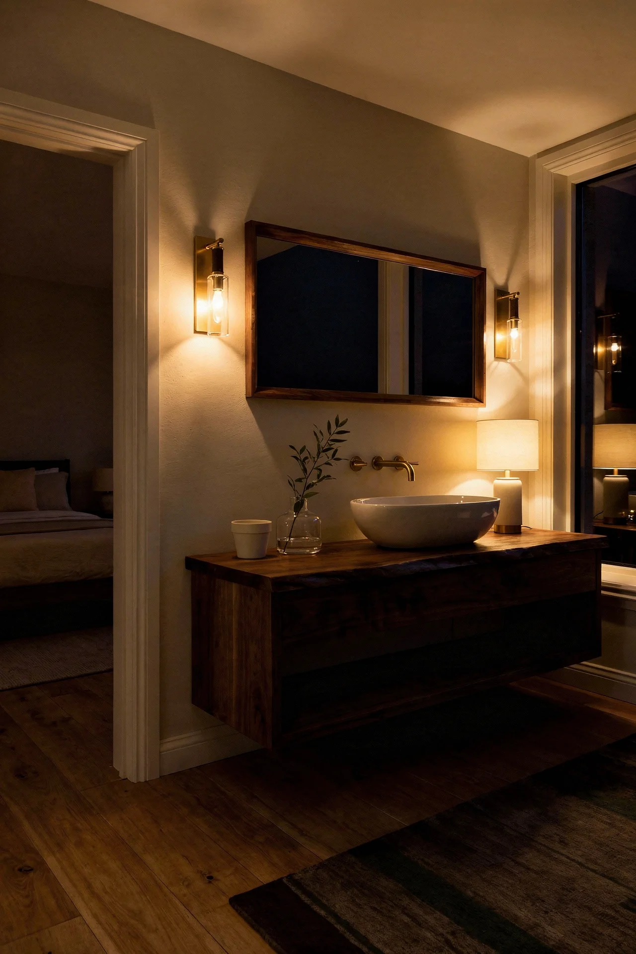 Mid Century Modern Bathroom featuring live-edge natural wood vanity with open shelf with brown and gold Eastchester wall sconce evening mood