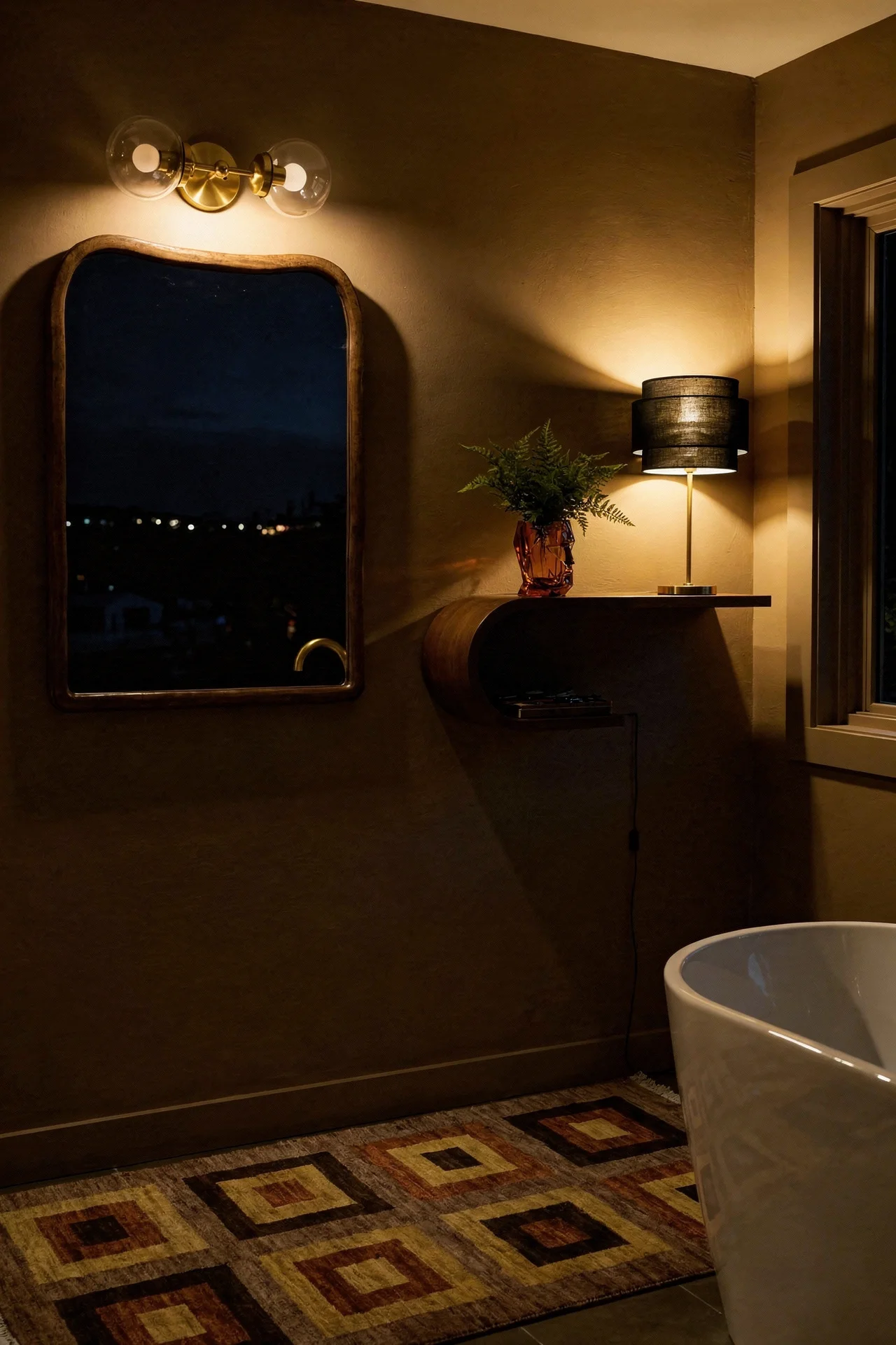 Mid Century Modern Bathroom featuring double globe brass mid century bathroom sconce with wood-framed organic-shaped mantel mirror evening mood