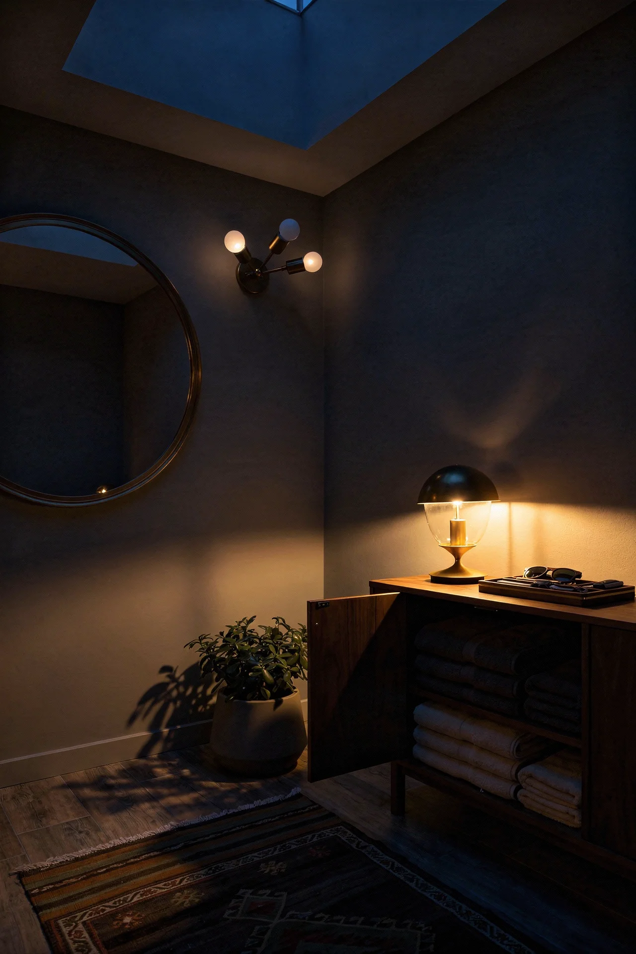 Mid Century Modern Bathroom featuring 3-light sputnik brass mid century vanity sconce with gold round Samar wall mirror evening mood