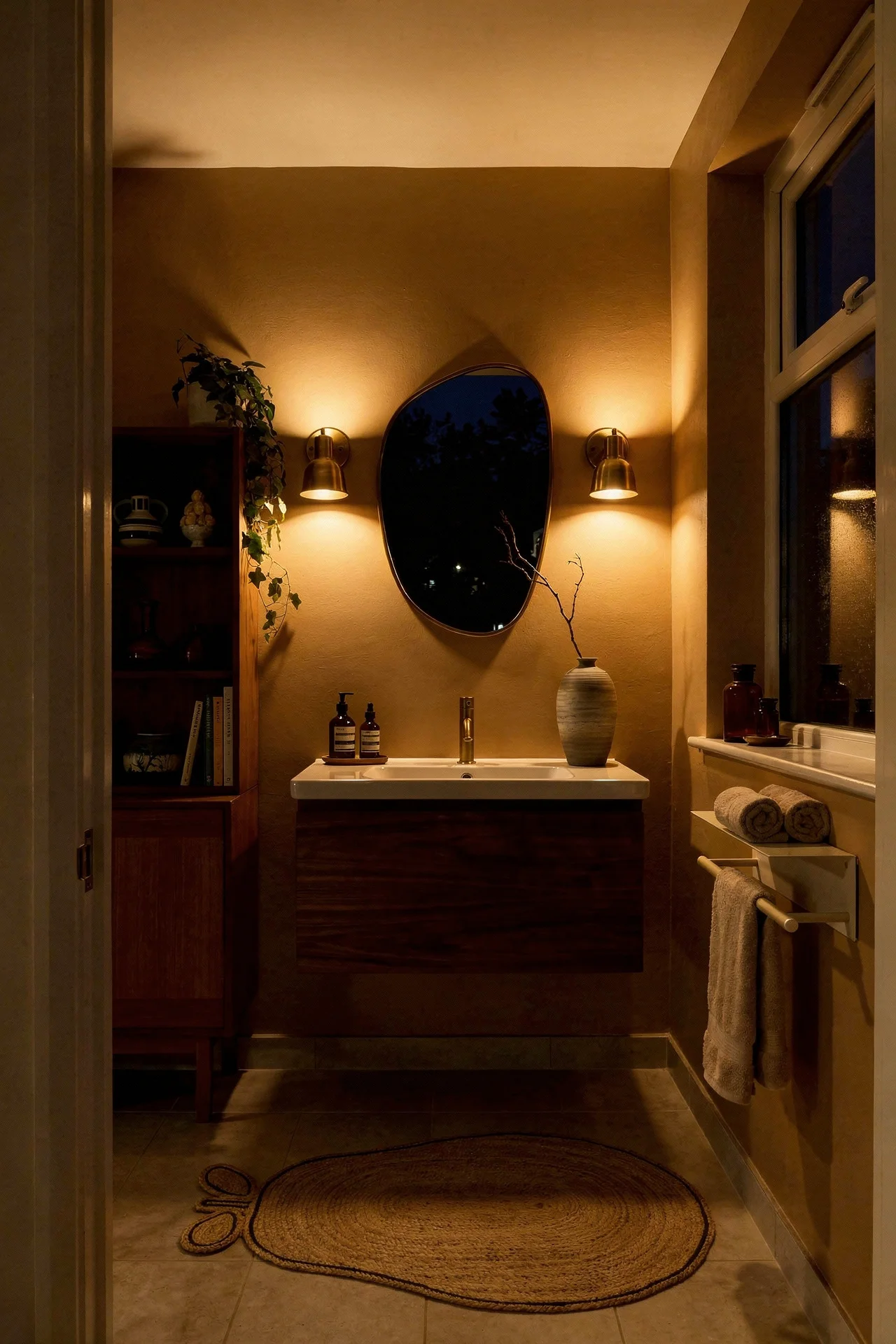 Mid Century Modern Bathroom featuring 35-inch wall-mounted walnut vanity with ceramic sink with mid century asymmetric German brass orig evening mood