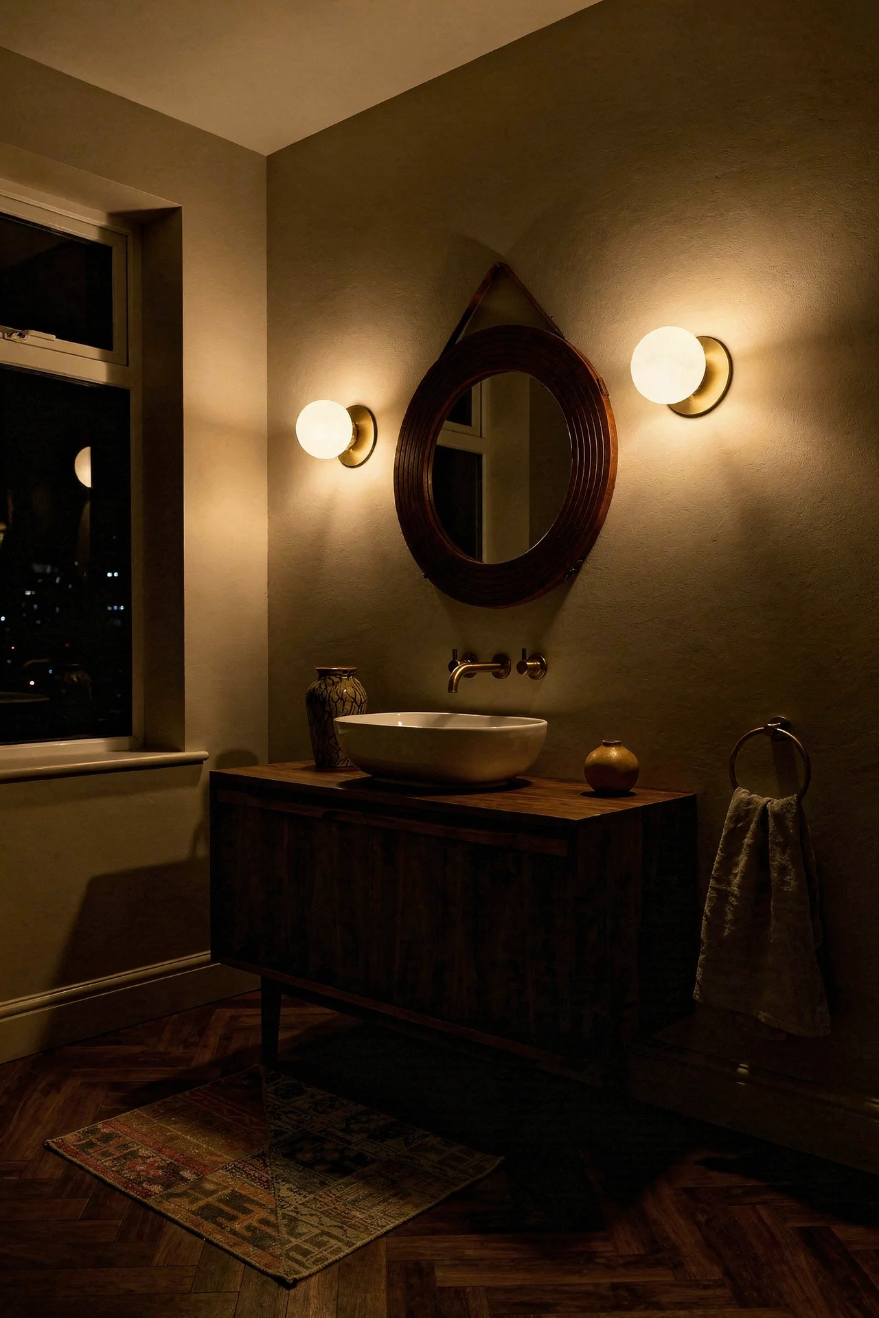 Mid Century Modern Bathroom featuring walnut bathroom vanity with large ceramic basin with 1950s elegant circular teak wall mirror evening mood