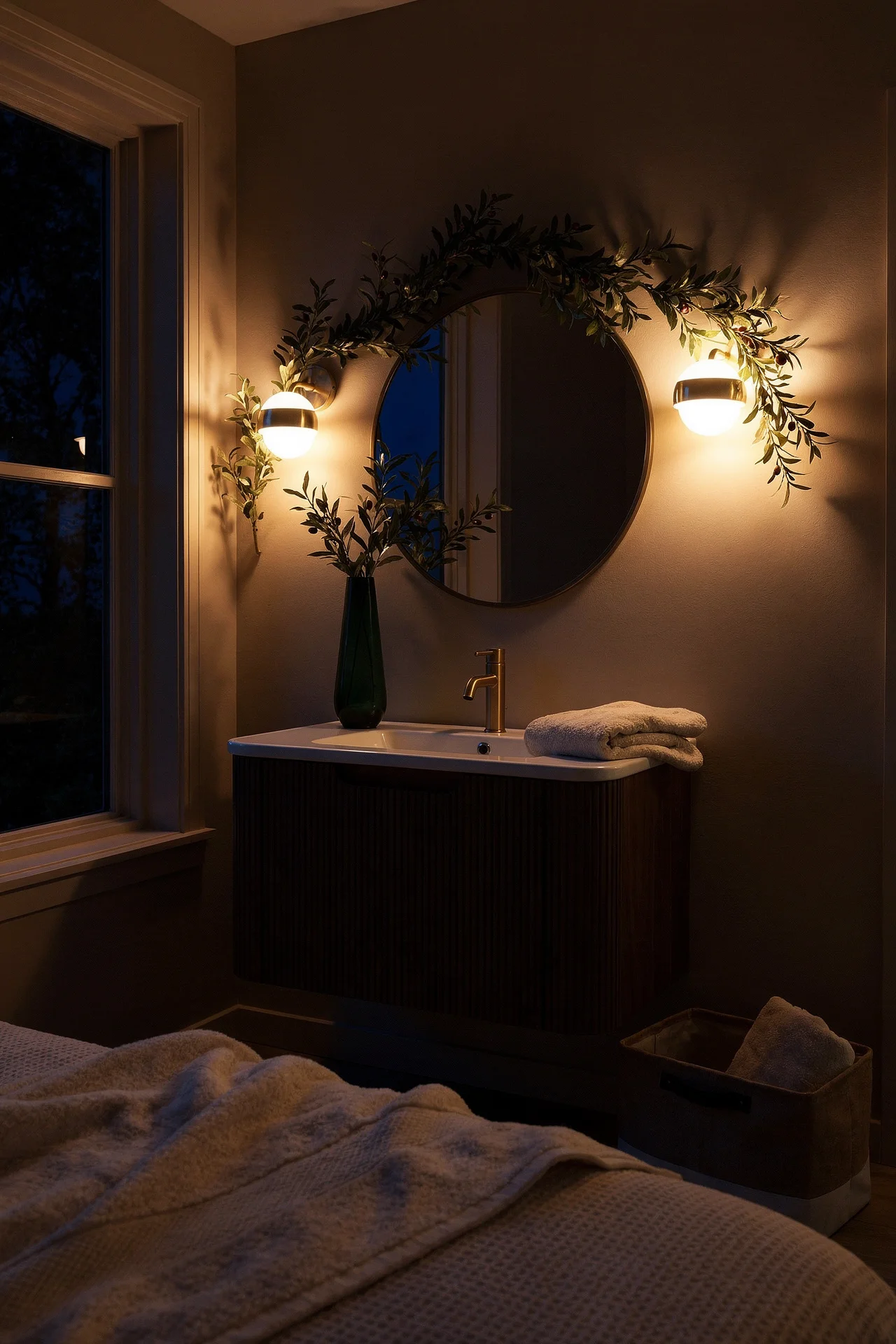 Mid Century Modern Bathroom featuring 24-inch floating walnut storage vanity with pair of brass eclipse globe wall sconces evening mood