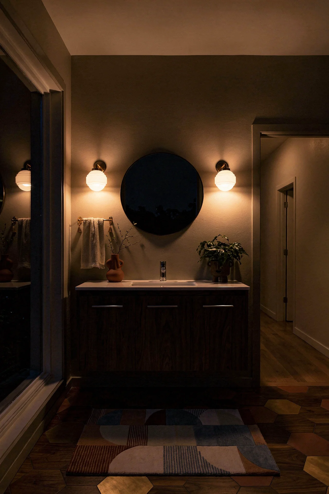 Mid Century Modern Bathroom featuring walnut single sink vanity with ceramic basin with bronze patina brass round wall mirror evening mood