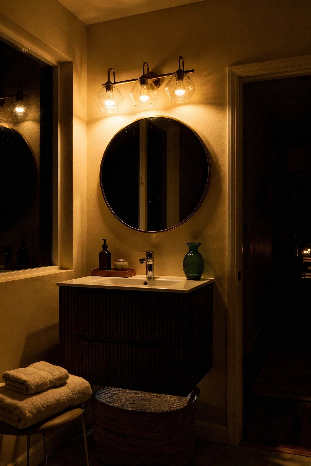 Mid Century Modern Bathroom featuring wall-mounted walnut vanity with white ceramic basin with round brass-framed wall mirror evening mood