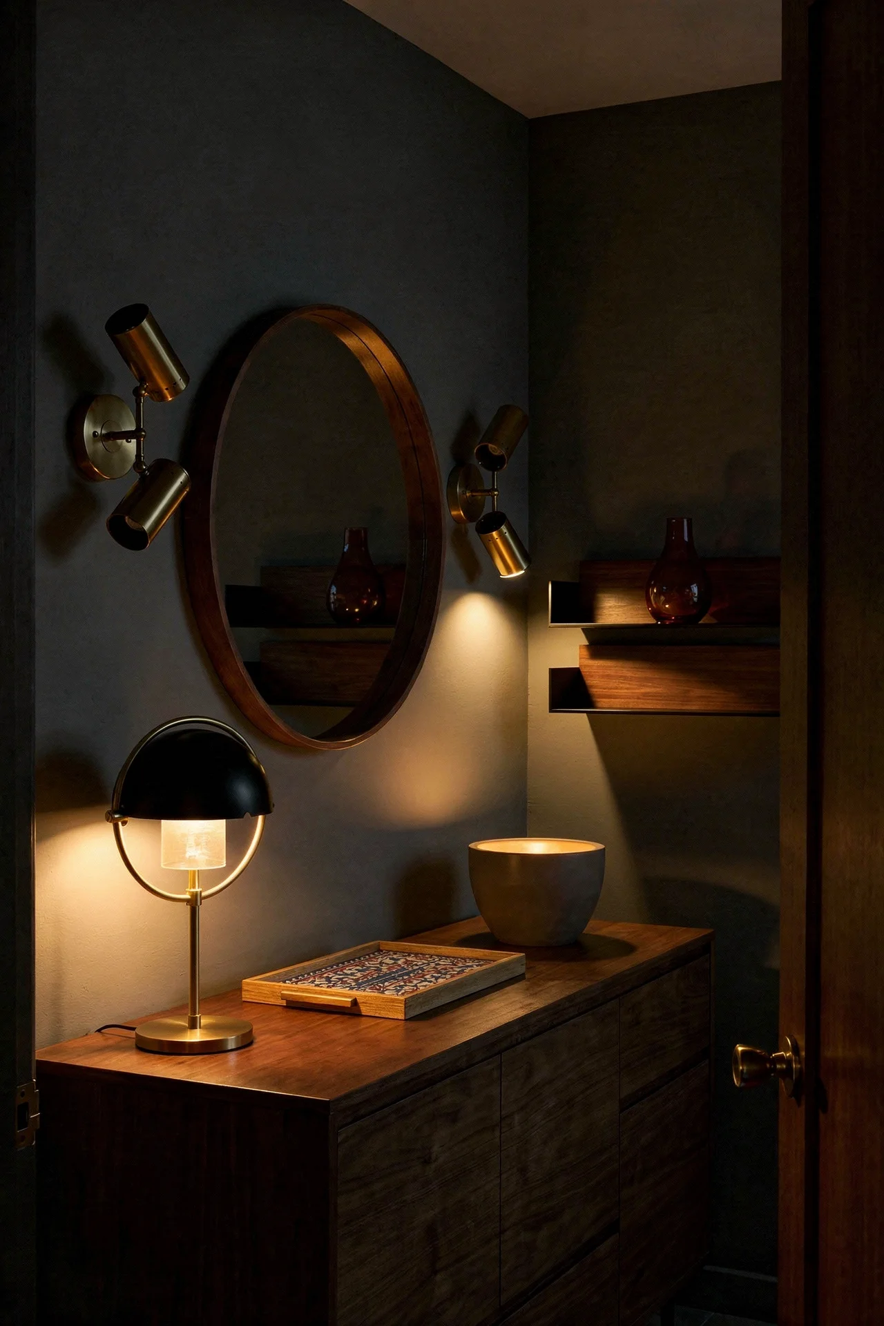 Mid Century Modern Bathroom featuring pair of Italian Stilnovo-style brass and black two-light wal with round walnut-framed wall mirror evening mood
