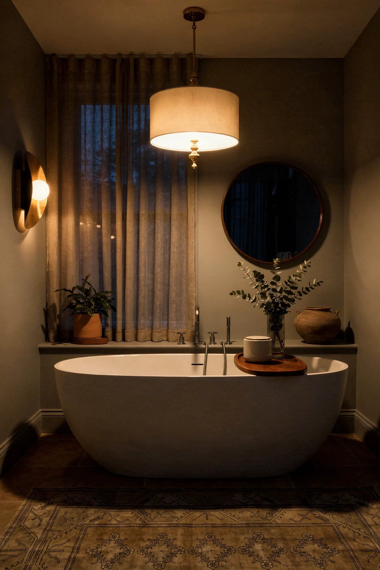 Mid Century Modern Bathroom featuring gold Hopper wall sconce at shoulder height with wood-framed circular welcome wall mirror evening mood