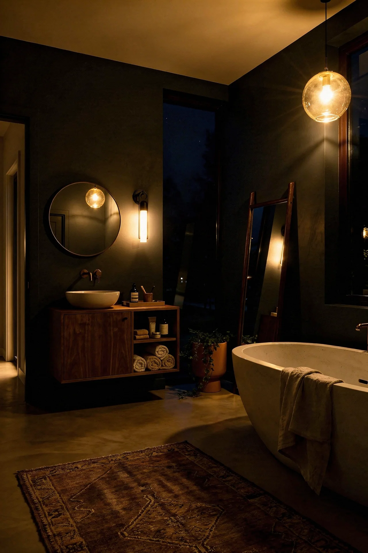 Mid Century Modern Bathroom featuring handmade wood bathroom vanity shelf with open storage with black and gold brass wall sconce casting evening mood