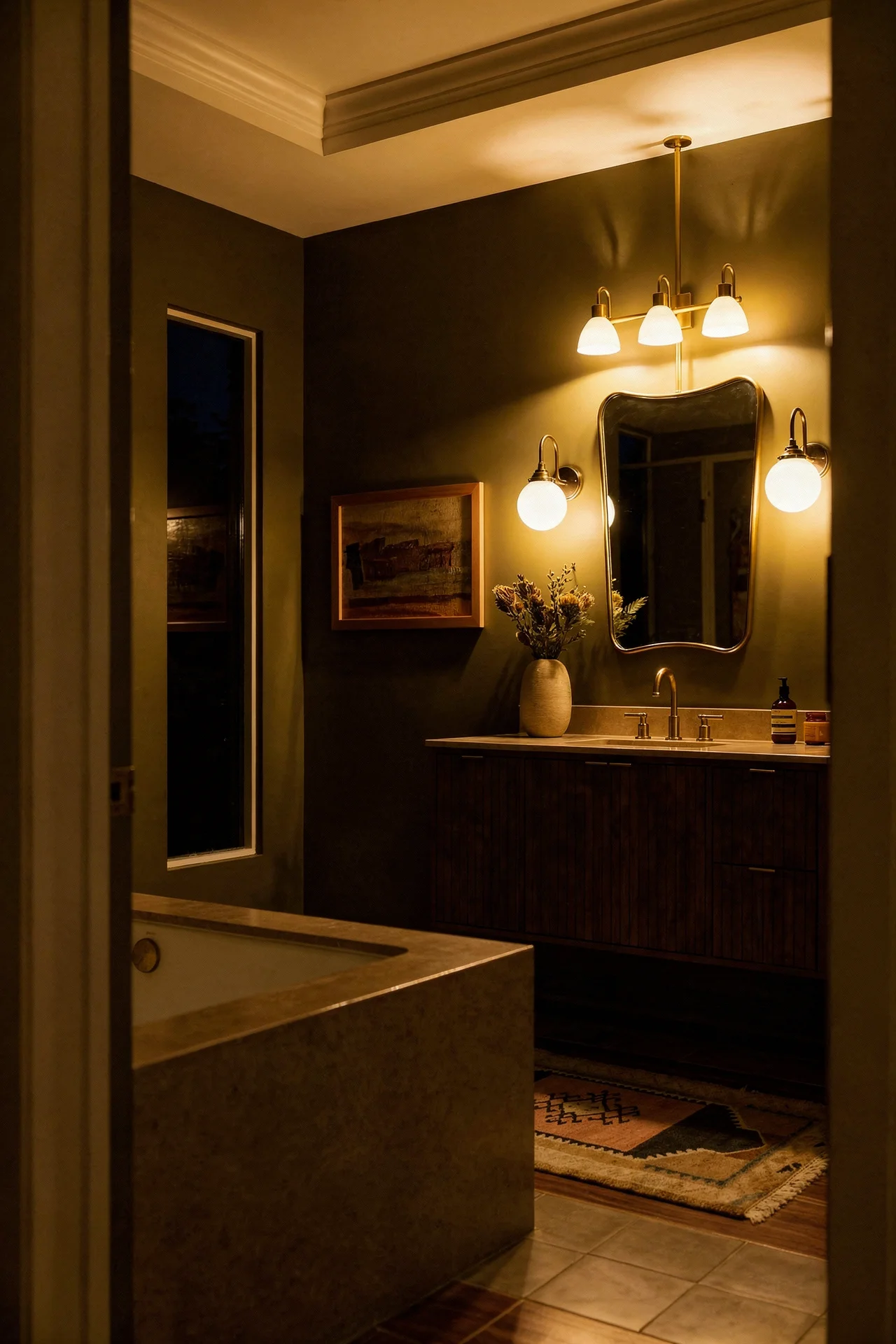 Mid Century Modern Bathroom featuring wall-mounted walnut bamboo bathroom cabinet with ceiling-suspended curved brass bathroom  evening mood
