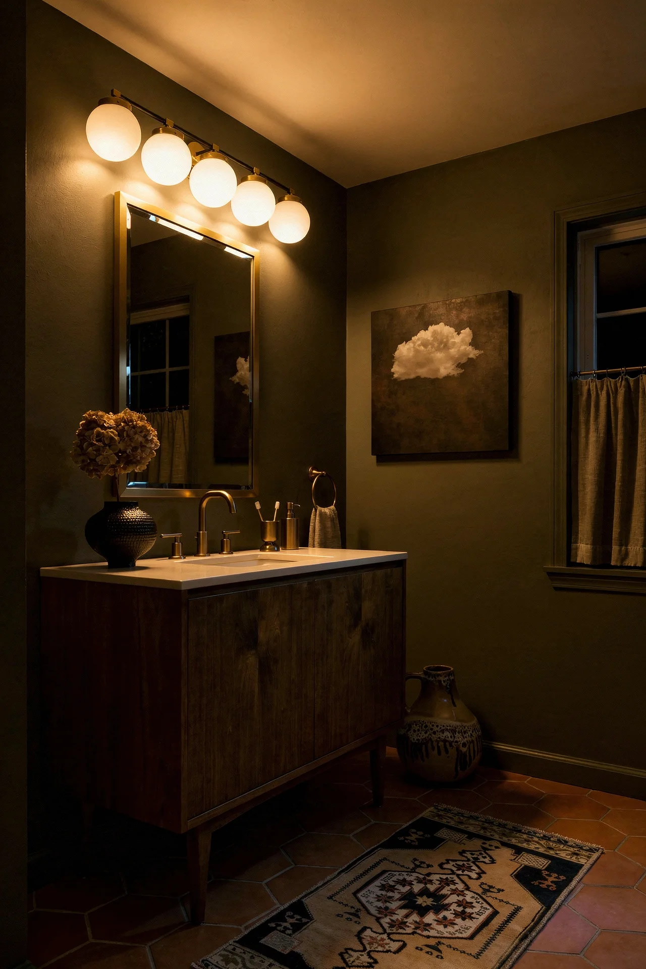 Mid Century Modern Bathroom featuring brass-framed beveled rectangular vanity mirror with abstract 5-globe mid-century brass wall  evening mood