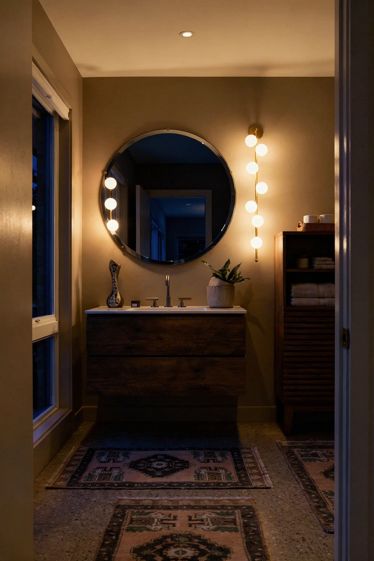 Mid Century Modern Bathroom featuring 36-inch wall-mount walnut vanity with ceramic sink with freestanding walnut bathroom storage cab evening mood