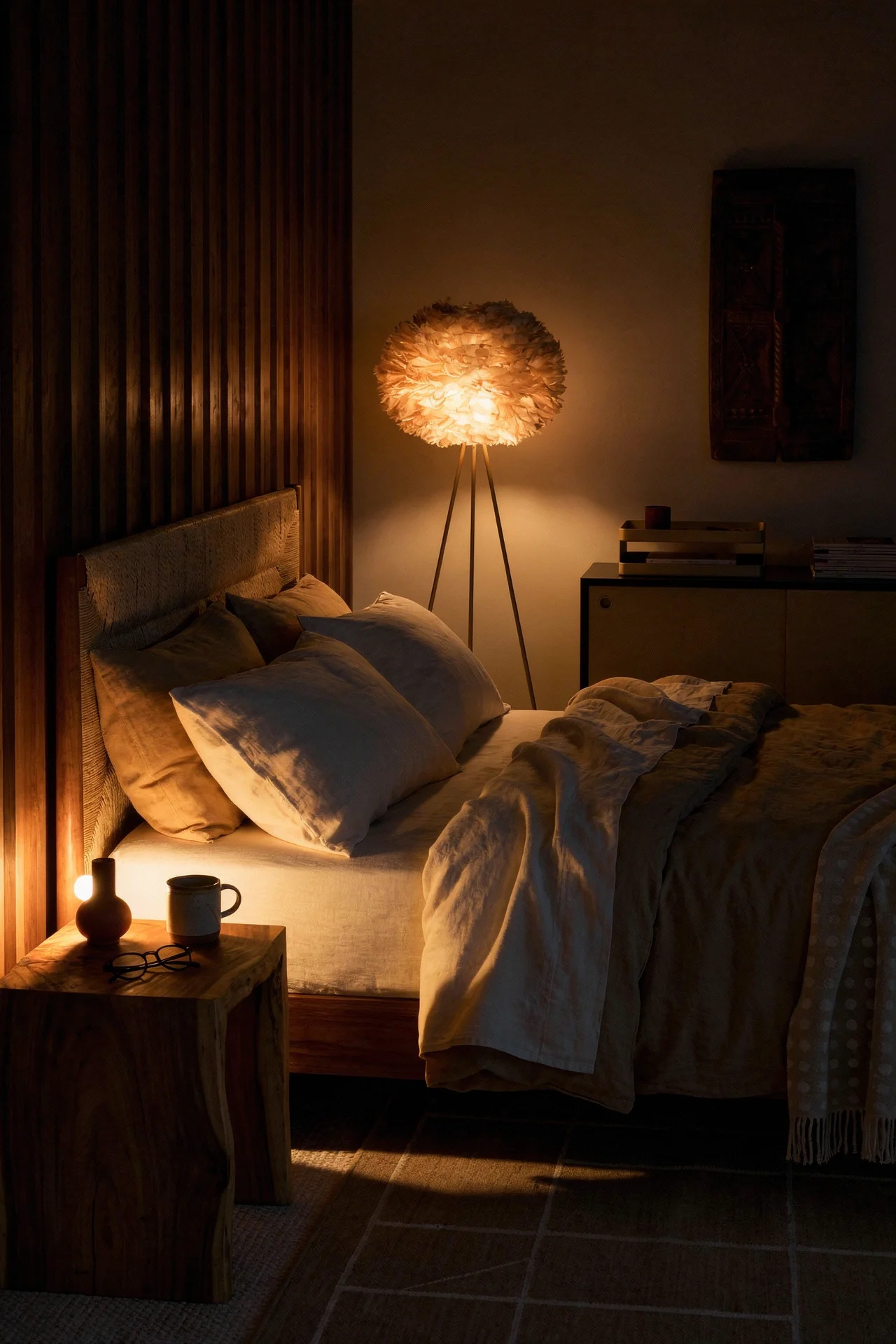 Mid Century Modern Bedroom wood accent wall featuring Bernhardt Alannis Woven Panel Bed in Tan, Size King evening mood