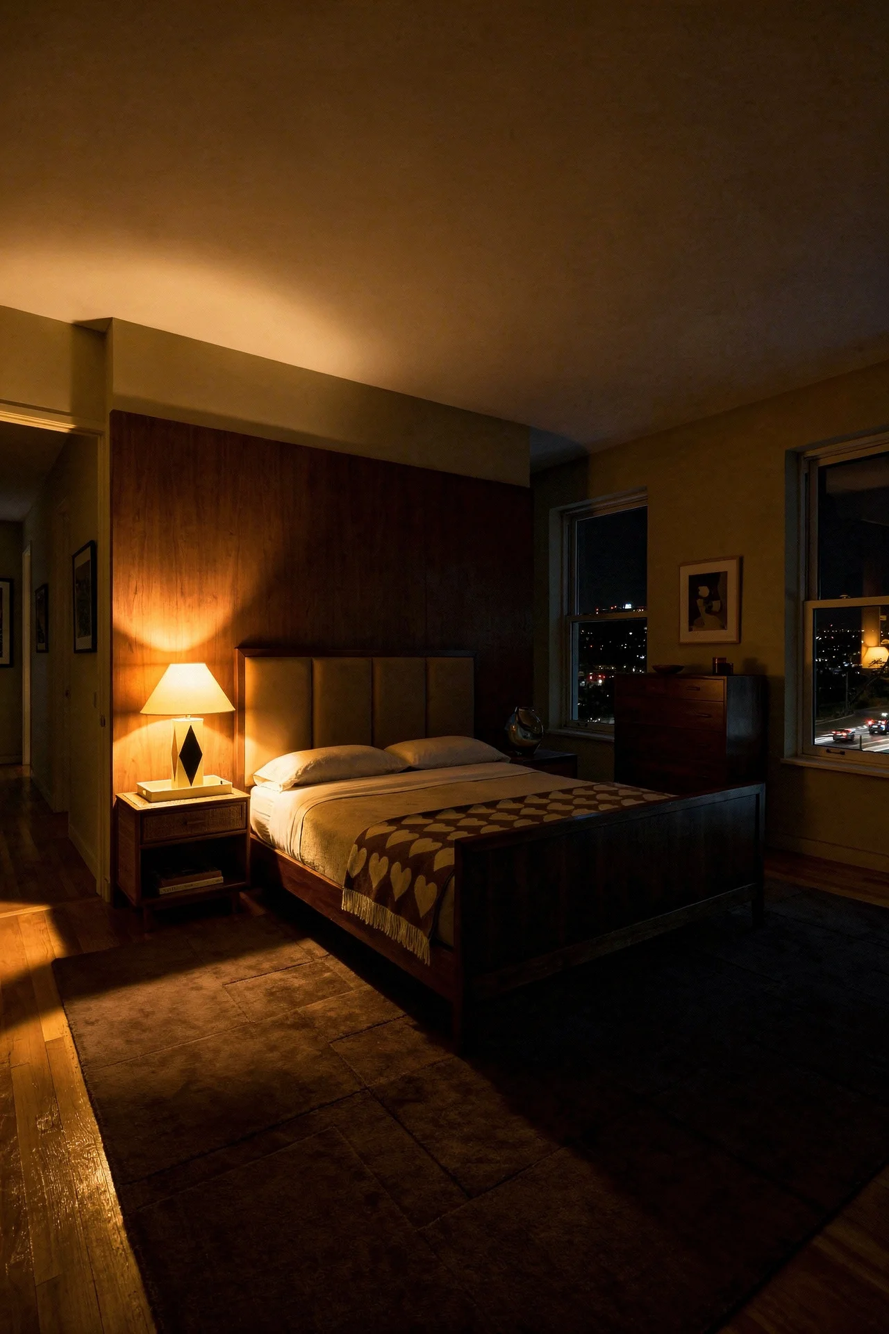 Mid Century Modern Bedroom wood accent wall featuring Bernhardt Axiom Upholstered Panel Bed with Wooden Footboard  evening mood