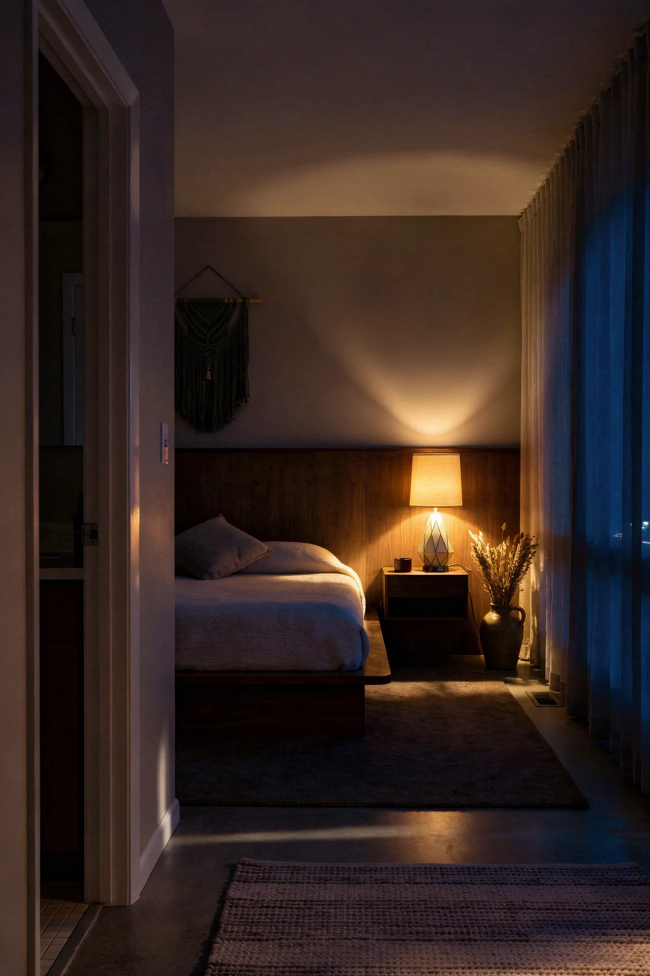 Mid Century Modern Bedroom wood accent wall featuring Wild Walnut Platform Bed With Floating Night Stands evening mood