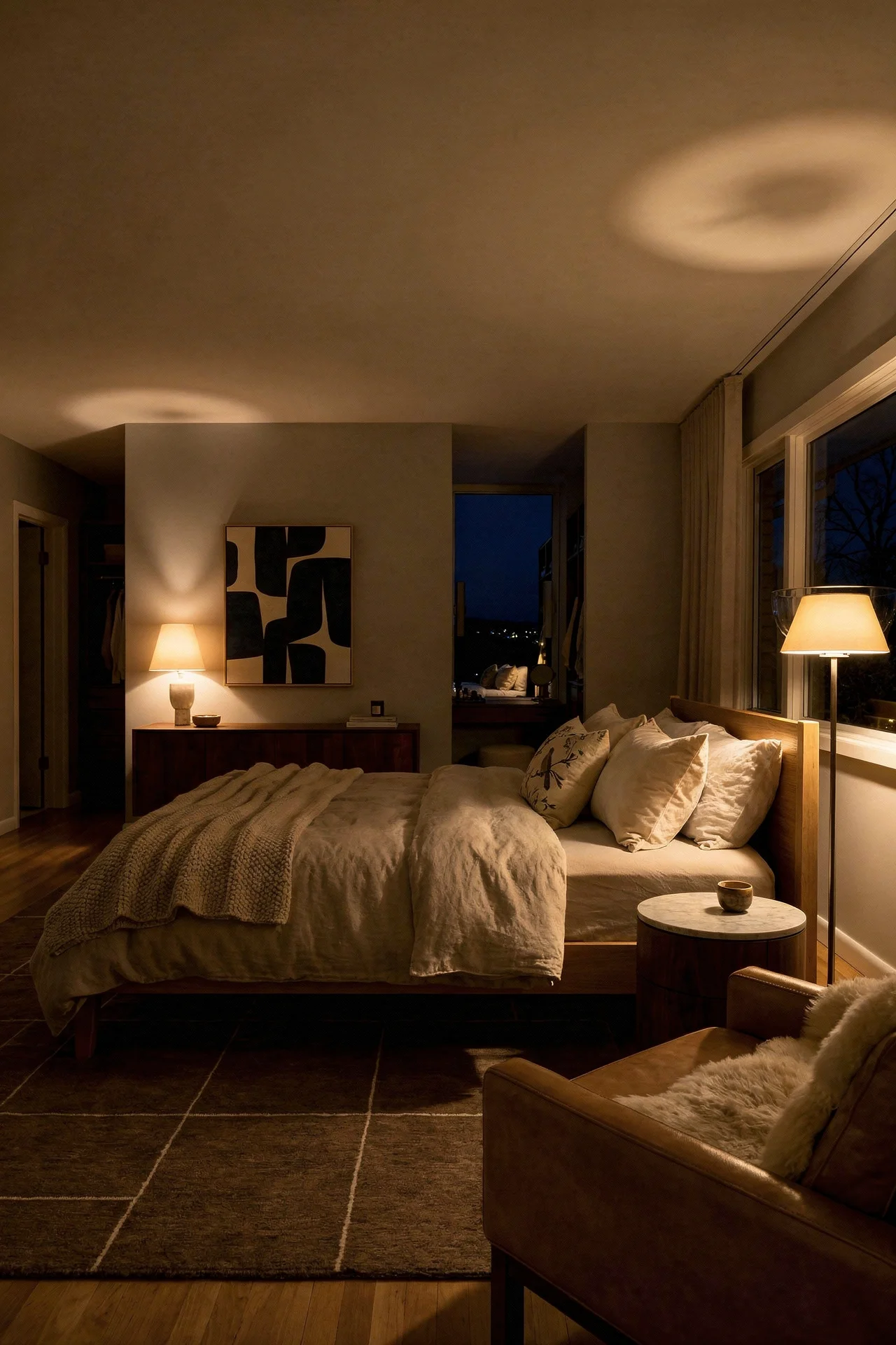 Mid Century Modern Bedroom warm bedroom aesthetic featuring Handmade White Oak Queen Bed Frame Mid-Century Modern Bedroo evening mood