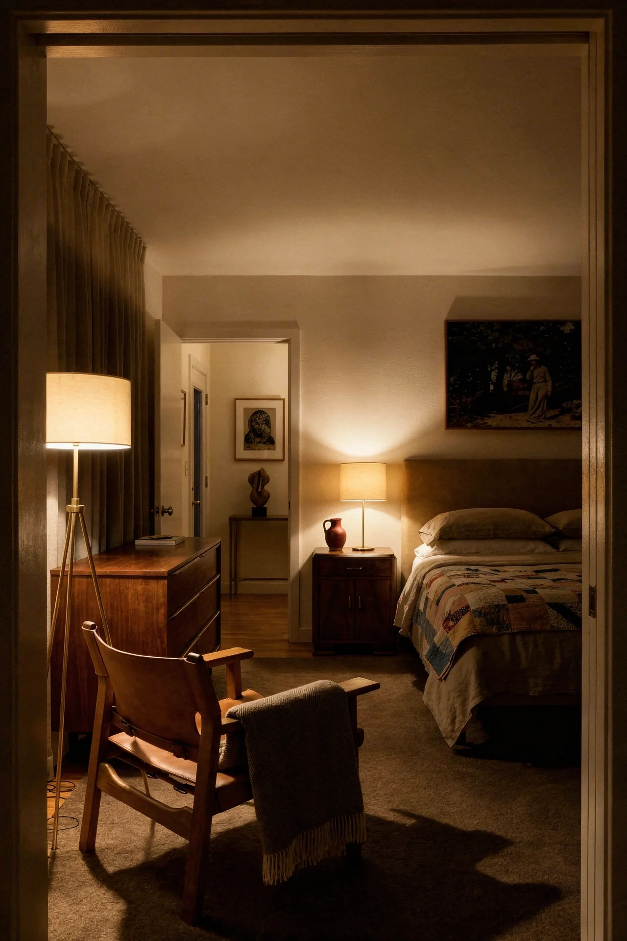 Mid Century Modern Bedroom warm bedroom aesthetic featuring Hooker Furniture Driftwood Upholstered Bed in Tan, Size King evening mood