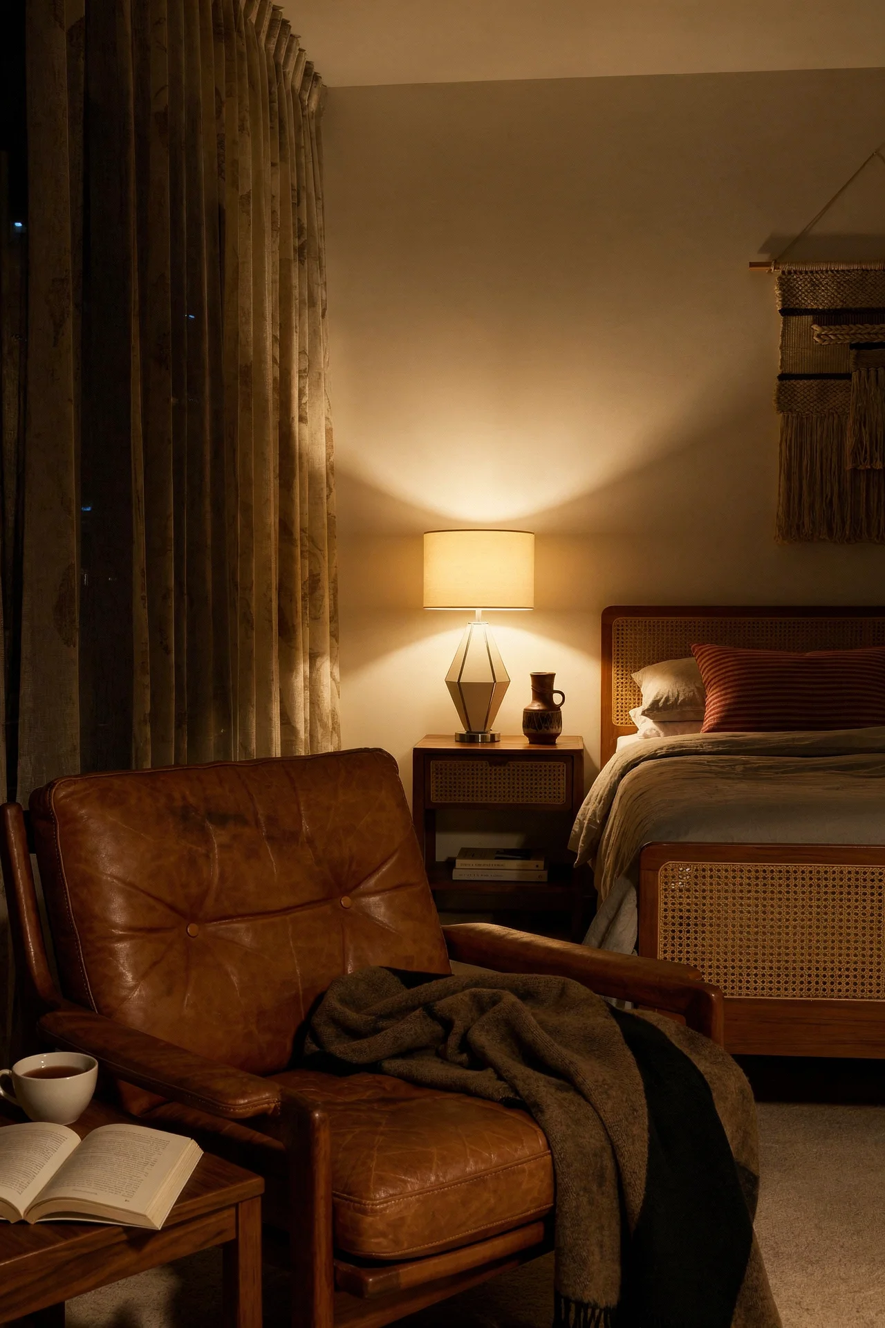 Mid Century Modern Bedroom warm bedroom aesthetic featuring Hans J. Wegner Double Bed in Teak & Cane For Getama, 1960S evening mood
