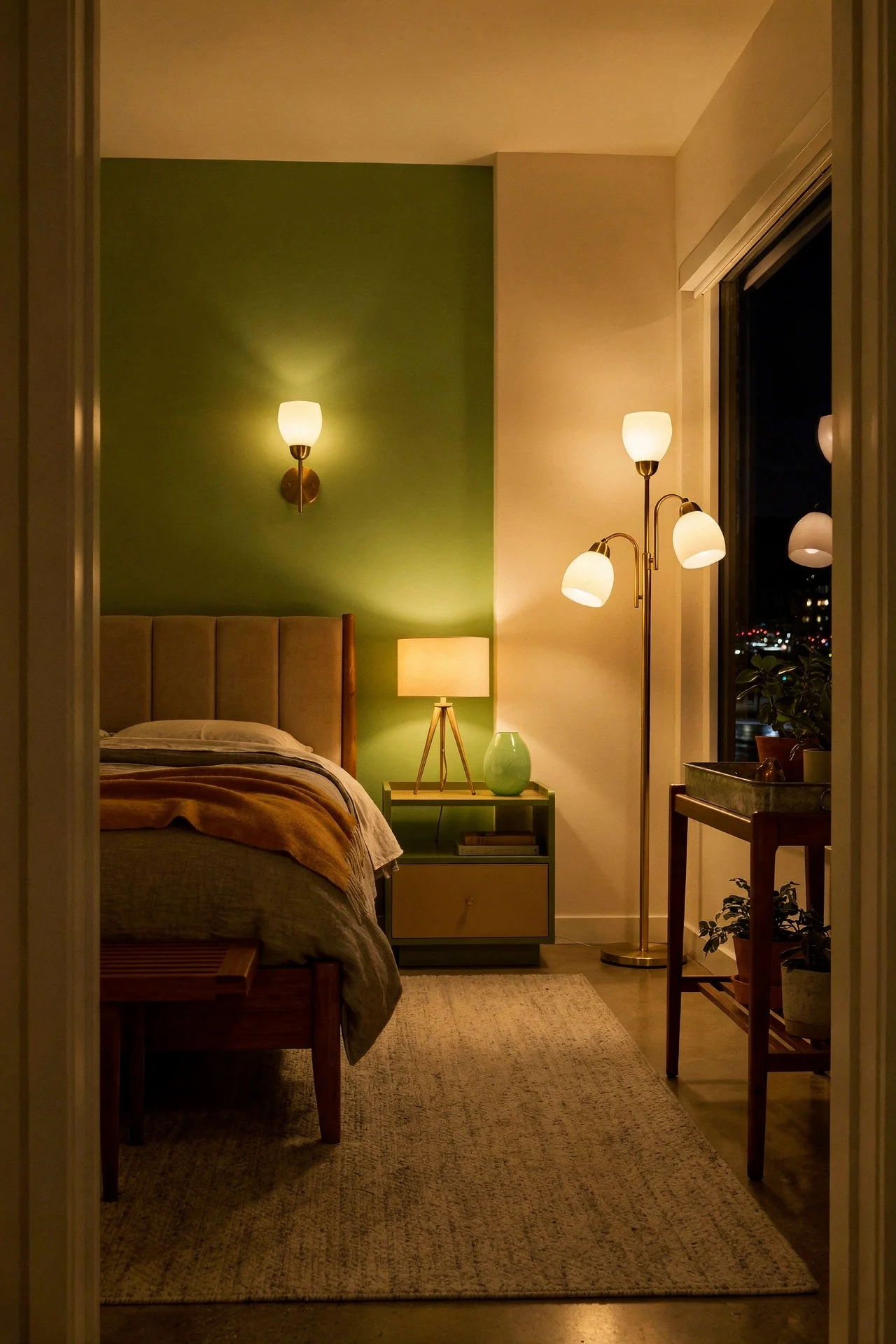 Mid Century Modern Bedroom bedroom lighting featuring Bernhardt Axiom Upholstered Panel Bed with Wooden Footboard  evening mood