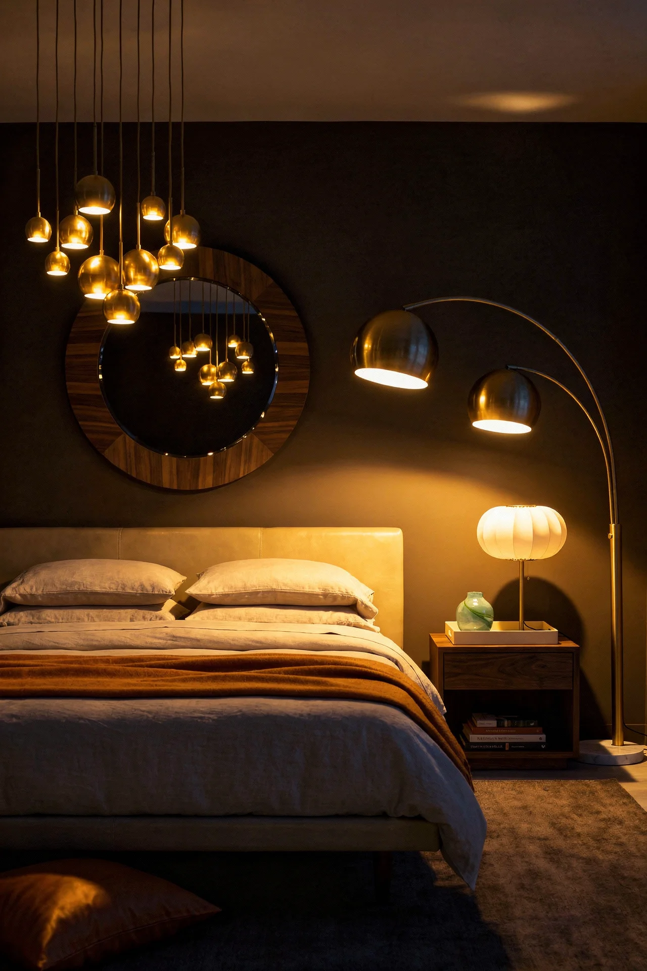 Mid Century Modern Bedroom bedroom lighting featuring Hooker Furniture Driftwood Panel Bed in Tan, Size California evening mood