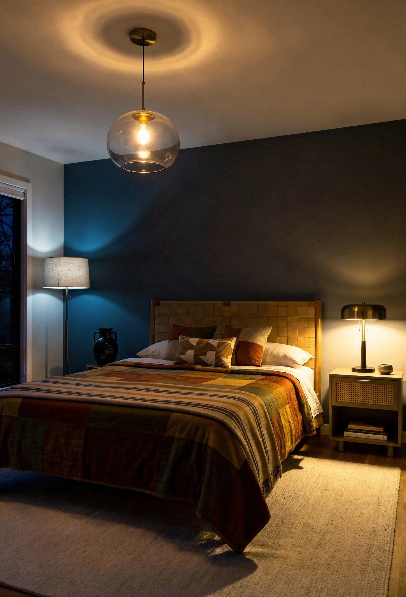 Mid Century Modern Bedroom bedroom lighting featuring Bernhardt Alannis Woven Panel Bed in Tan, Size Queen evening mood