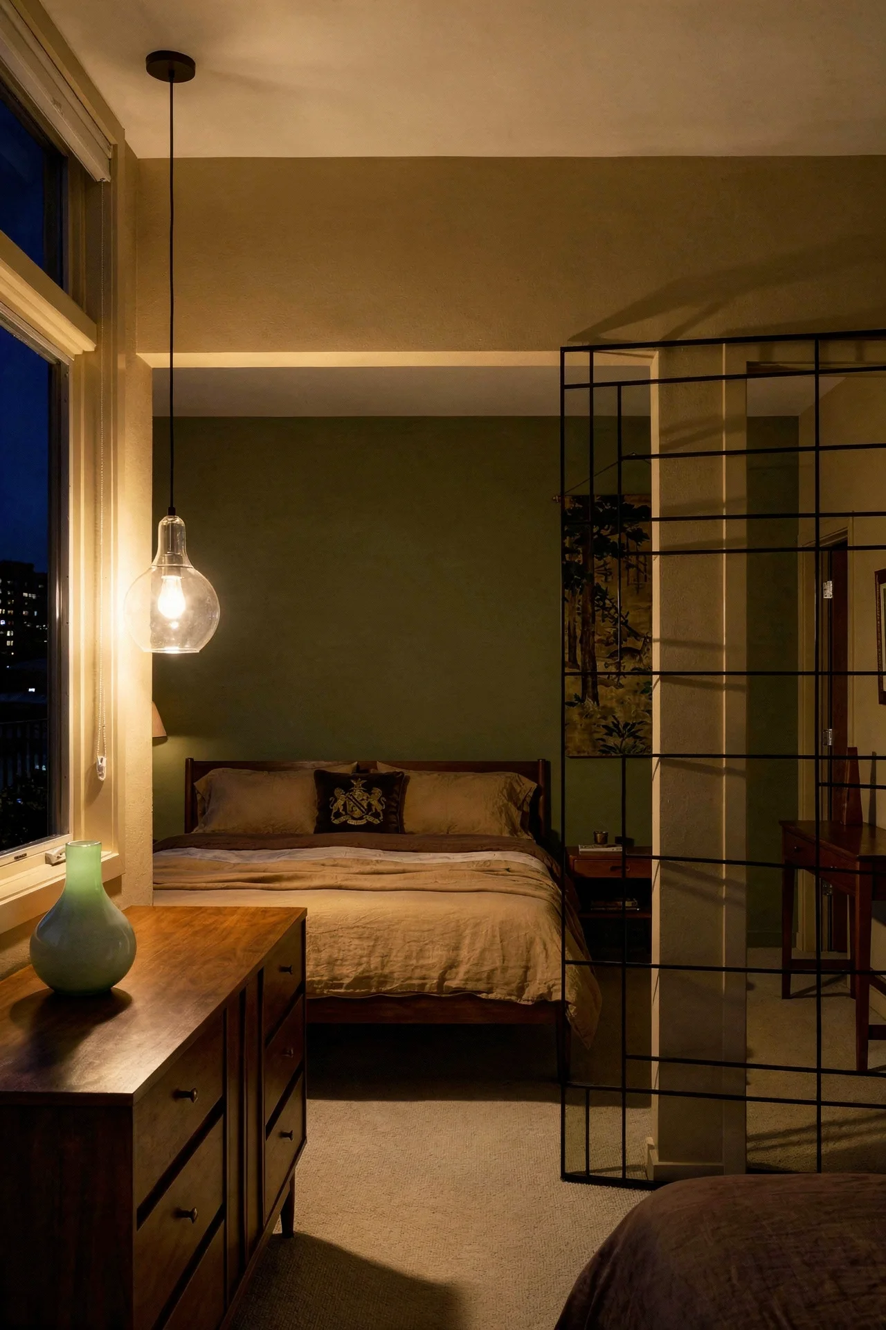 Mid Century Modern Bedroom dark green bedroom featuring Hooker Furniture Driftwood Panel Bed in Brown, Size Californ evening mood