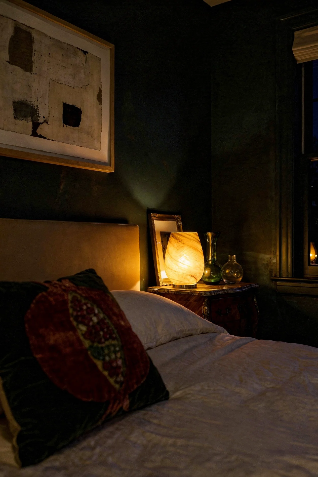 Mid Century Modern Bedroom dark green bedroom featuring Hooker Furniture Driftwood Panel Bed in Tan, Size King evening mood